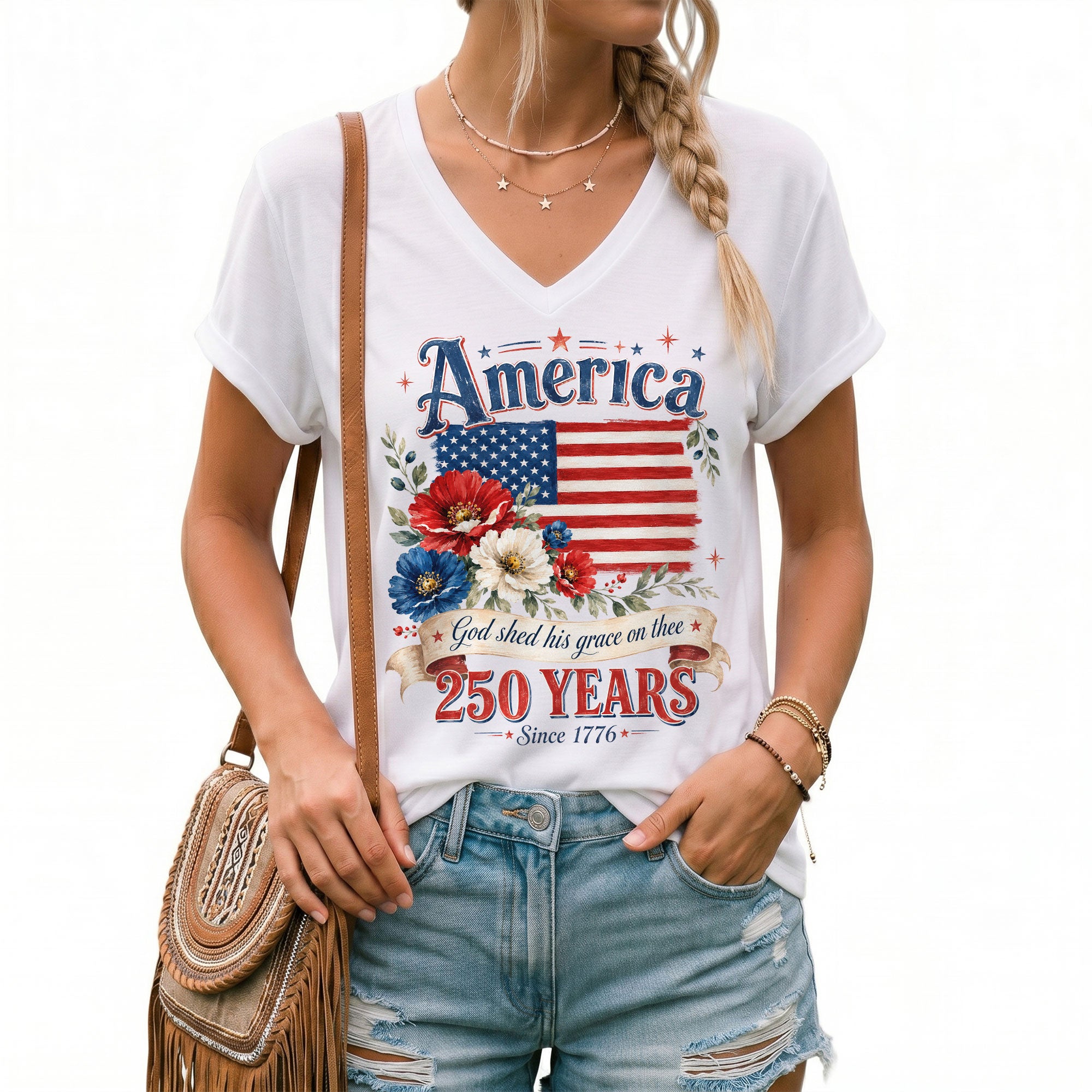 250 Years Since 1776 V-Neck T-Shirt – God Shed His Grace on Thee Patriotic Graphic - Rust Field Wear