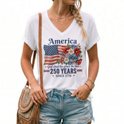 Patriotic Floral V-Neck T-Shirt – 250 Years Since 1776 God Shed His Grace on Thee - Rust Field Wear