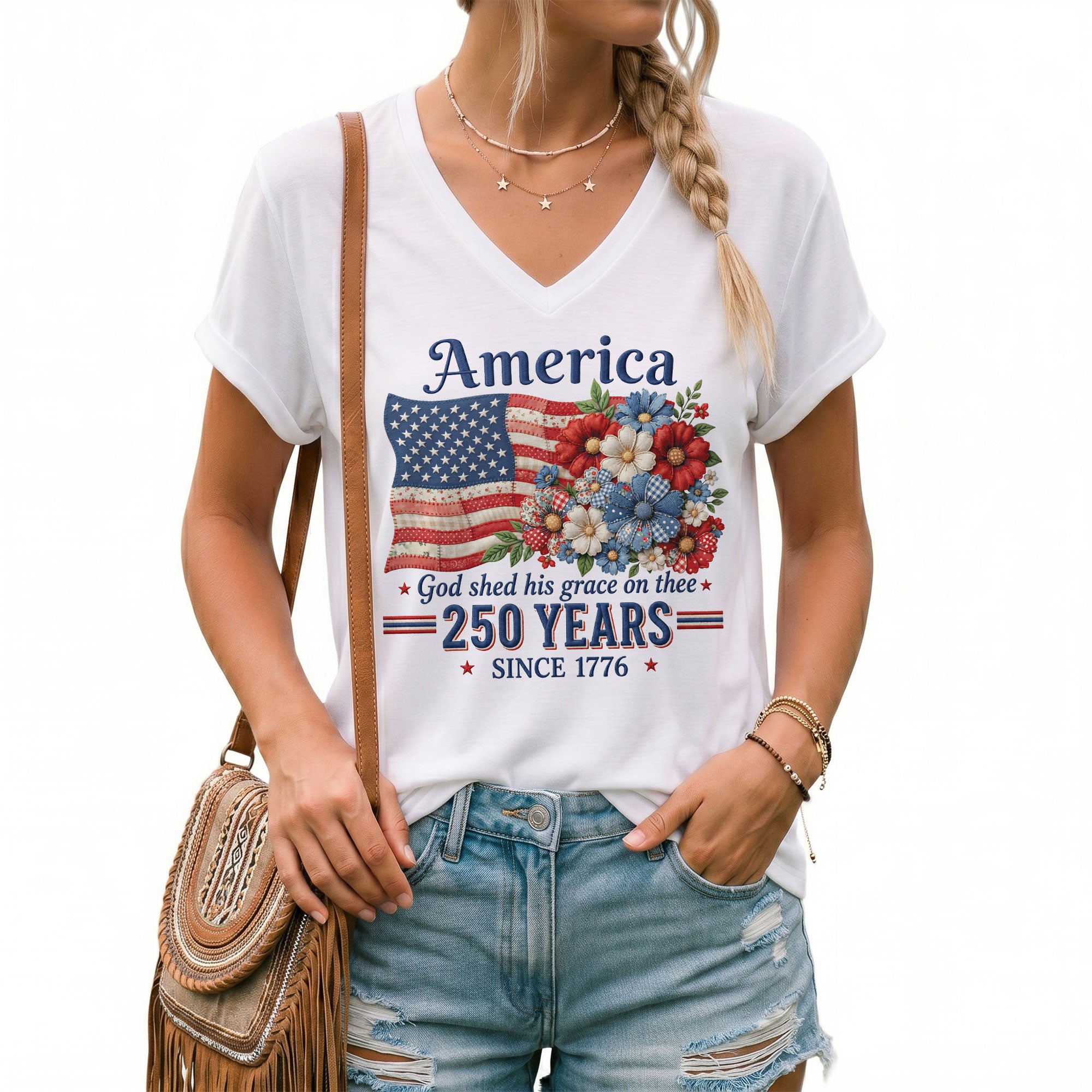Patriotic Floral V-Neck T-Shirt – 250 Years Since 1776 God Shed His Grace on Thee - Rust Field Wear
