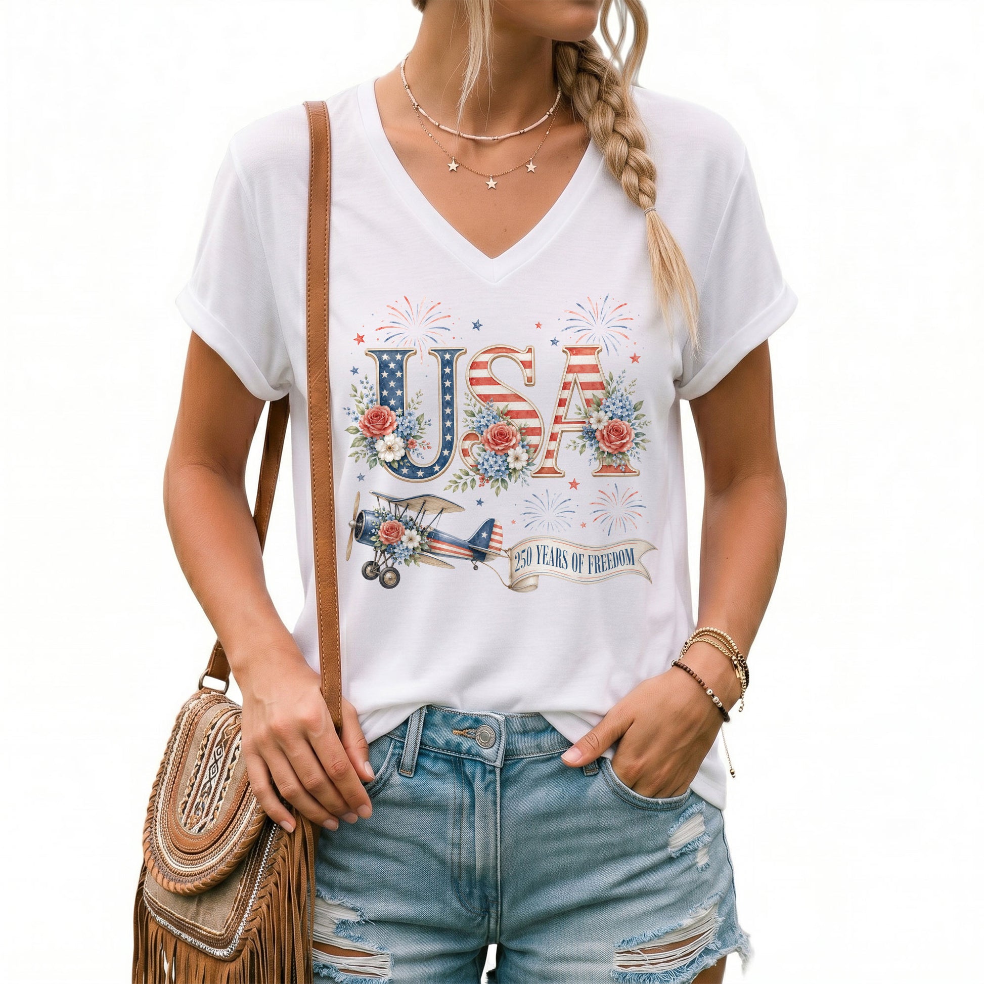 Floral USA 250 Years of Freedom V-Neck Tee – Patriotic Women's Anniversary Graphic - Rust Field Wear