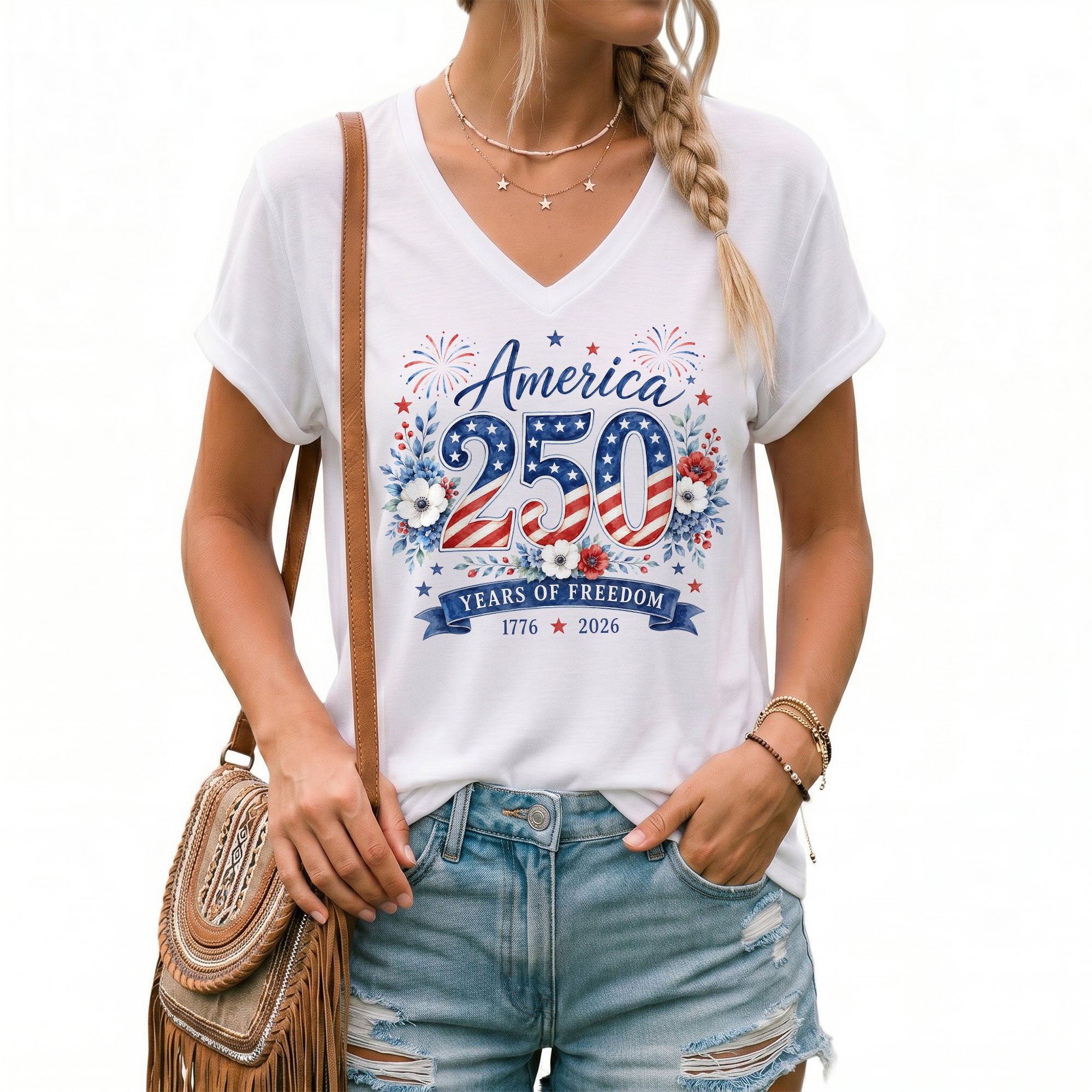1776-2026 Floral V-Neck T-Shirt – Patriotic Years of Freedom Anniversary Tee - Rust Field Wear