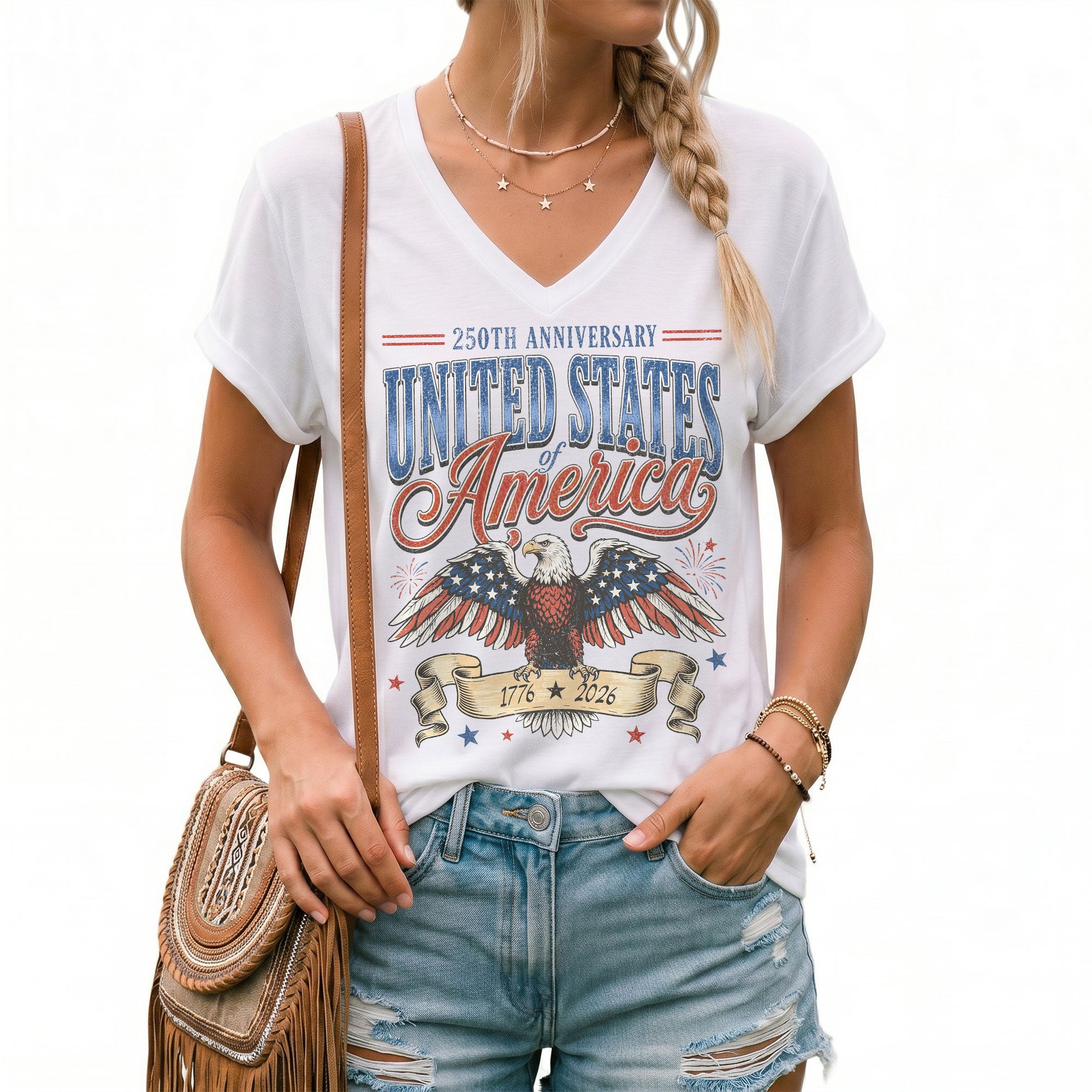 250th Anniversary United States Of America V-Neck Tee Patriotic Women's Holiday Shirt