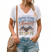 250th Anniversary United States Of America V-Neck Tee Patriotic Women's Holiday Shirt - Rust Field Wear