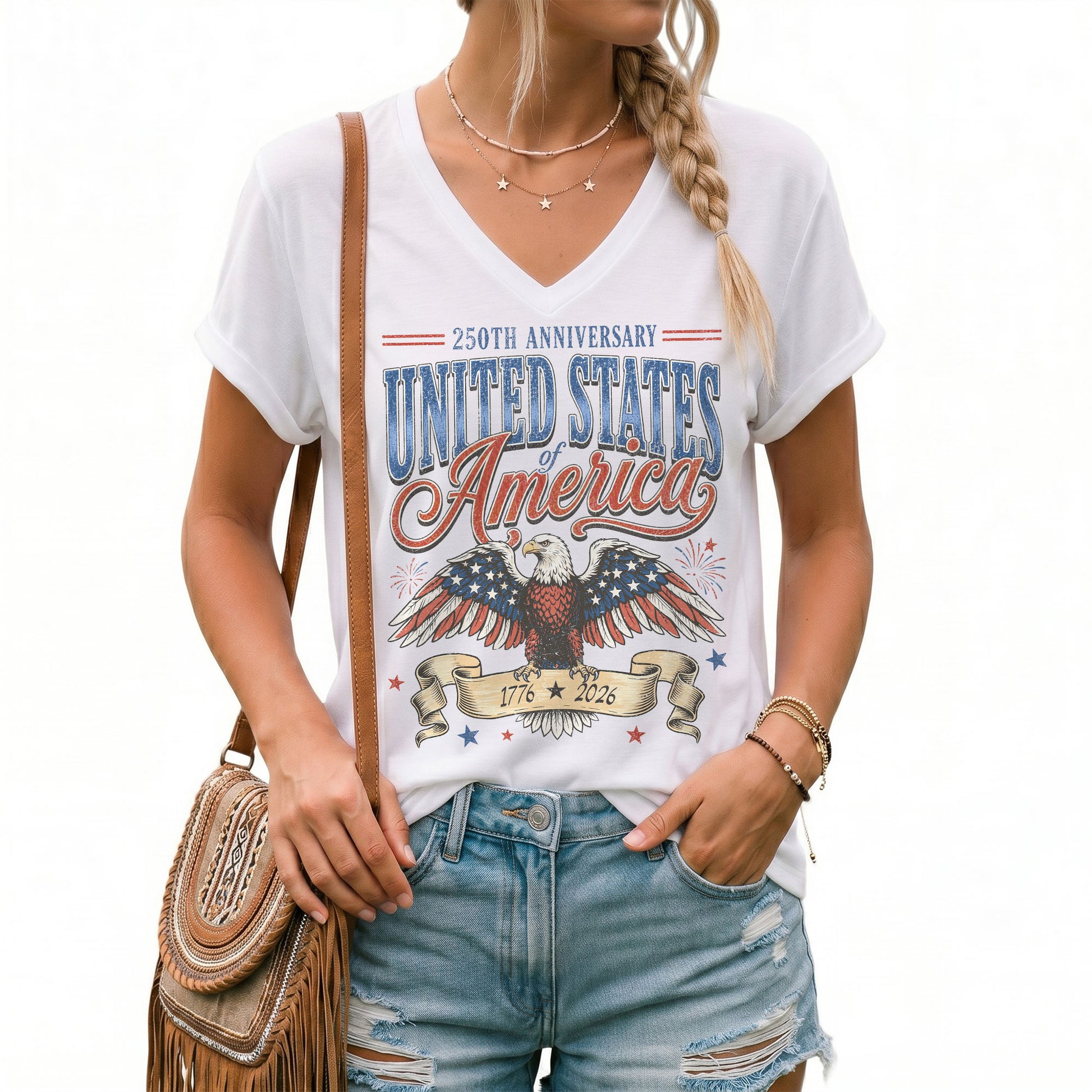 250th Anniversary United States Of America V-Neck Tee Patriotic Women's Holiday Shirt - Rust Field Wear