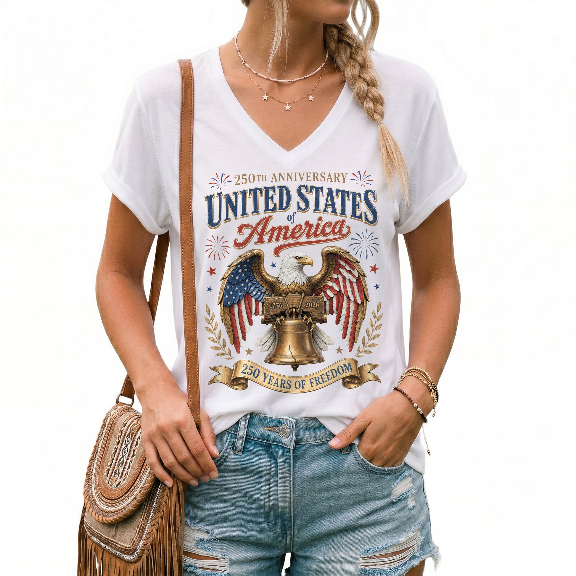 Patriotic 250th Anniversary V-Neck T-Shirt United States Of America Freedom Graphic - Rust Field Wear