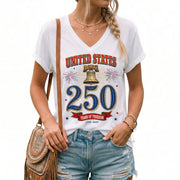 Women's V-Neck Graphic Top United States 250 Years Anniversary Celebration Tee - Rust Field Wear