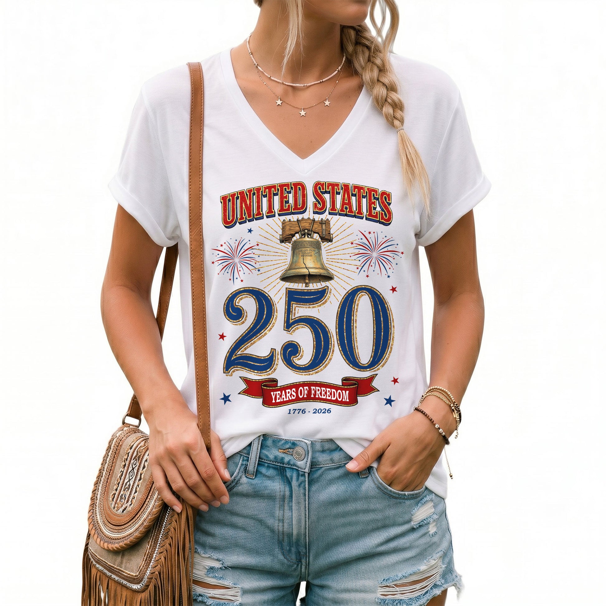 Women's V-Neck Graphic Top United States 250 Years Anniversary Celebration Tee - Rust Field Wear