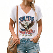 Patriotic United States 250 Years Anniversary V-Neck Tee Holiday Graphic Shirt Apparel - Rust Field Wear