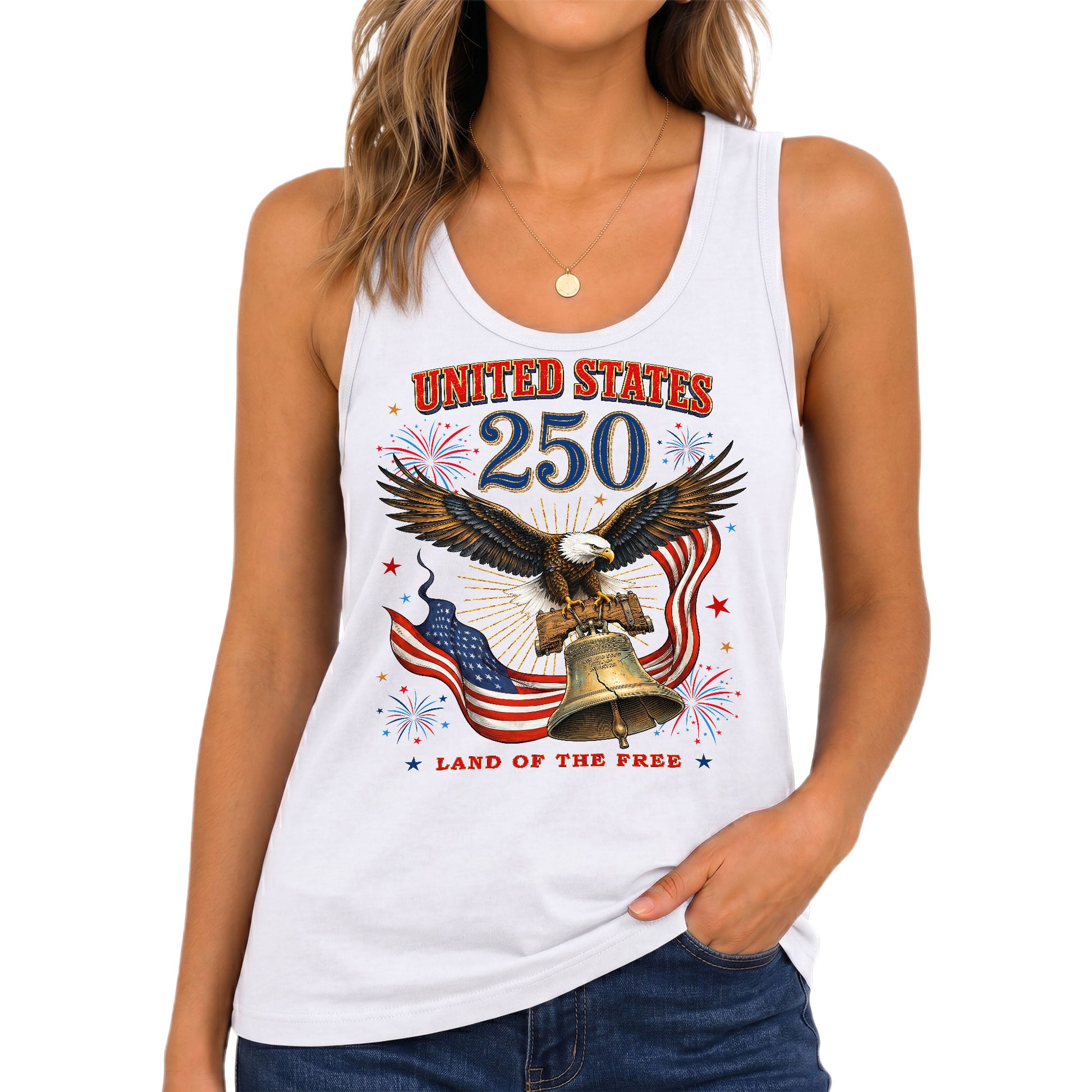 Women Vintage Tank Top 250th Anniversary US Flag Liberty Bell United States Shirt - Rust Field Wear