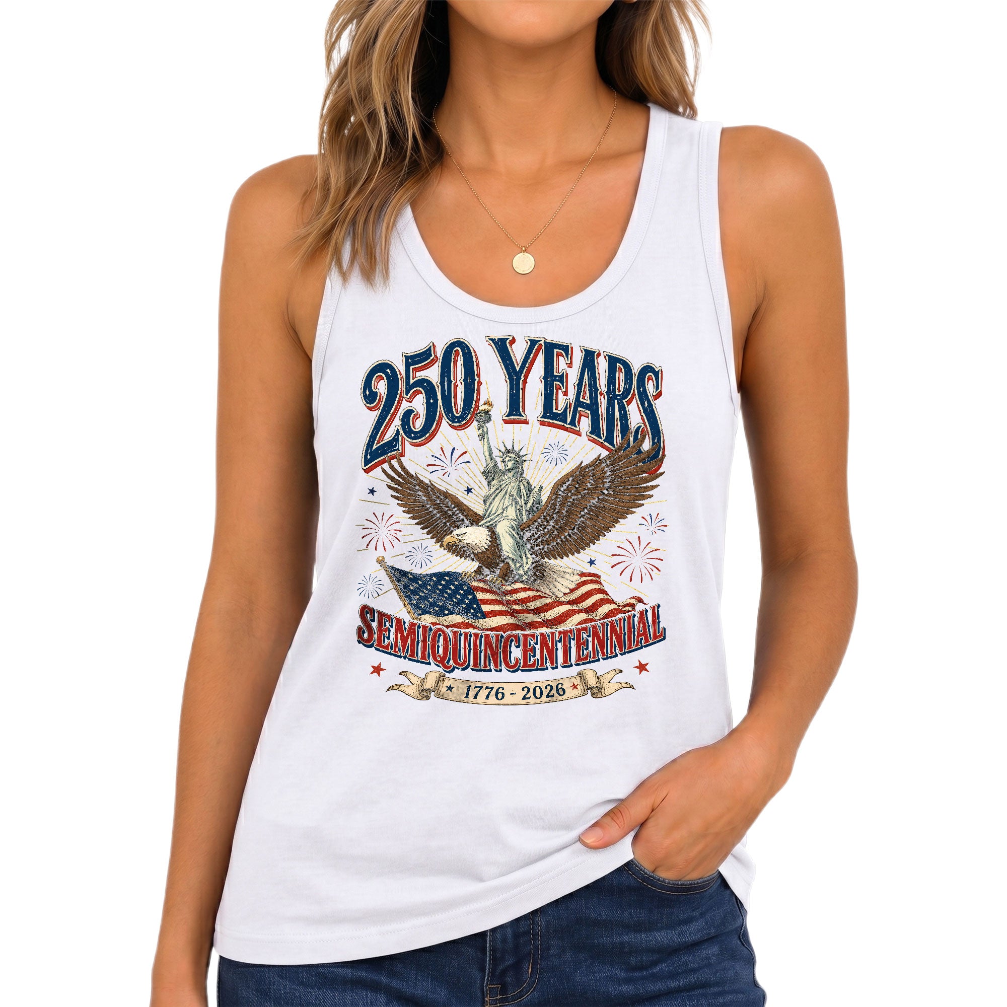 Vintage Tank Top Women 250th Anniversary Statue of Liberty Eagle USA Flag Shirt