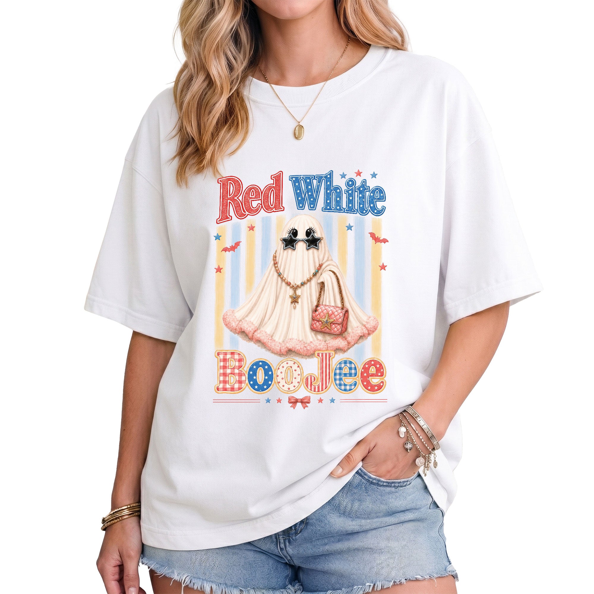 Red White BooJee Ghost Graphic T Shirt Trendy Patriotic Apparel For Unisex Wear