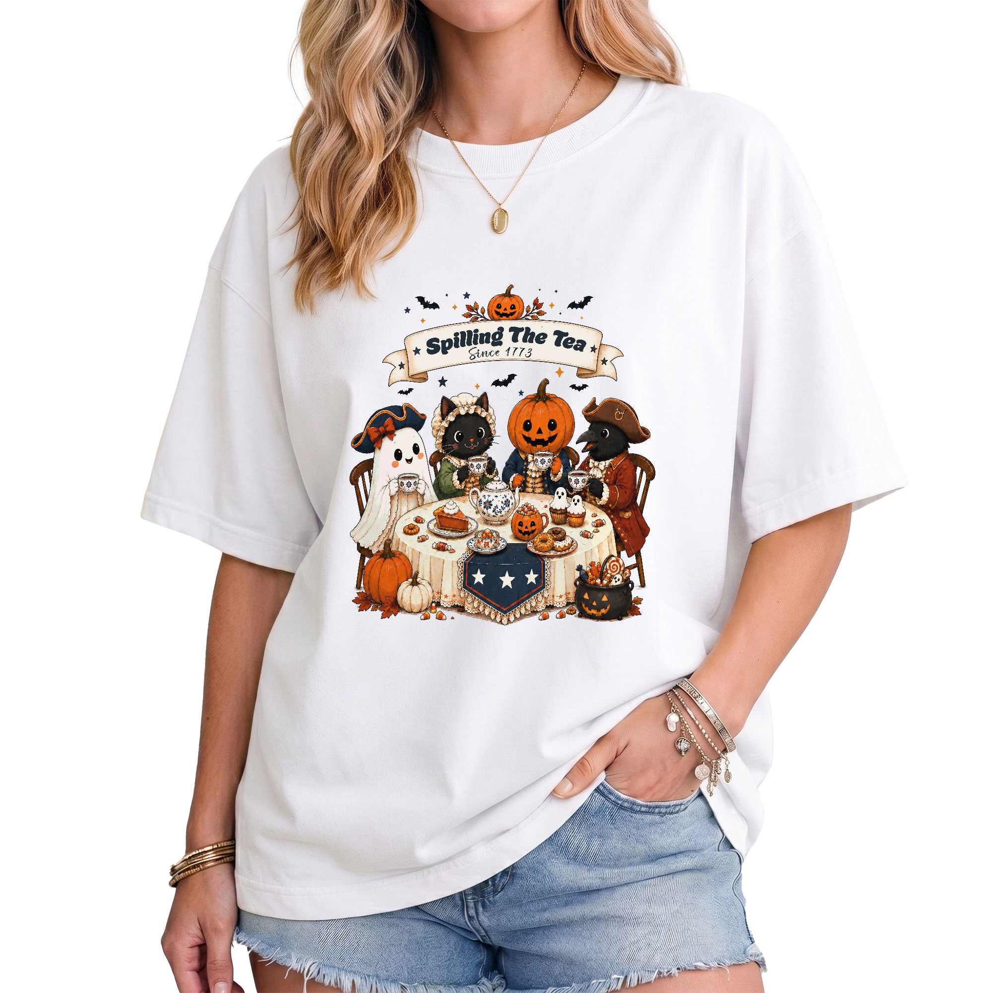 Spilling The Tea Since 1773 Tee Cute Aesthetic Halloween Ghost Cat Pumpkin Fall Shirt