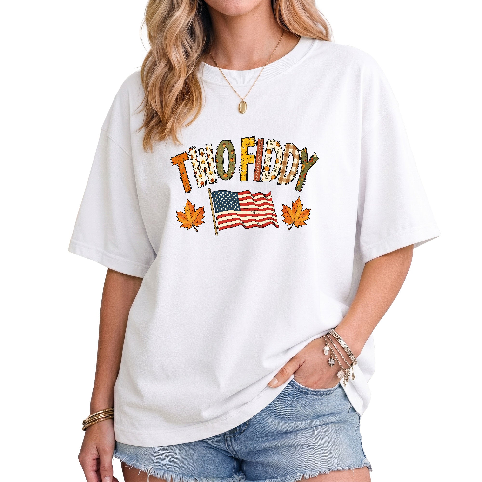 Two Fiddy Shirt Fall Vibes US Flag Maple Leaf Autumn Patriotic Graphic Tee