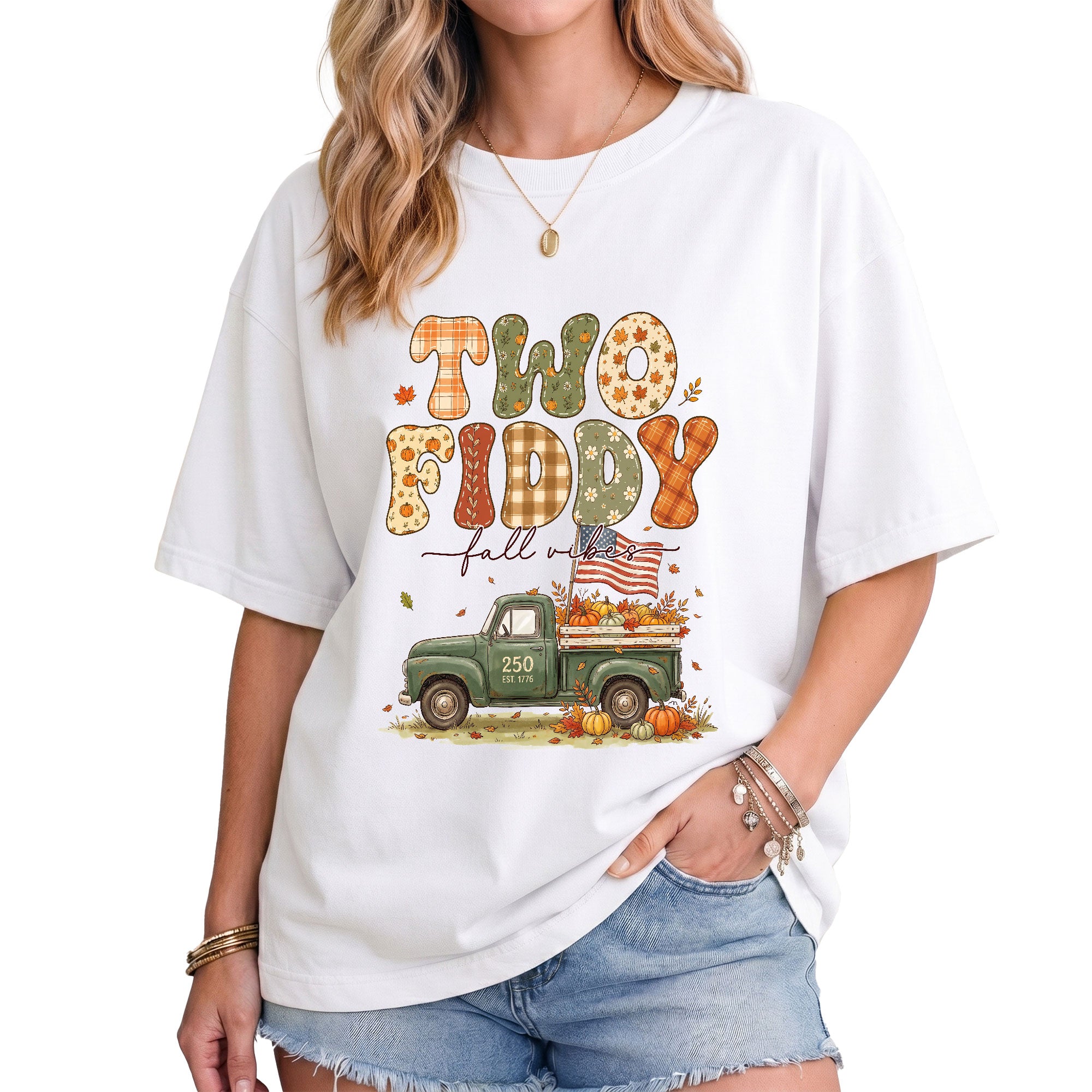 Two Fiddy Fall Vibes Shirt Vintage Pumpkin Truck US Flag Autumn Graphic Tee