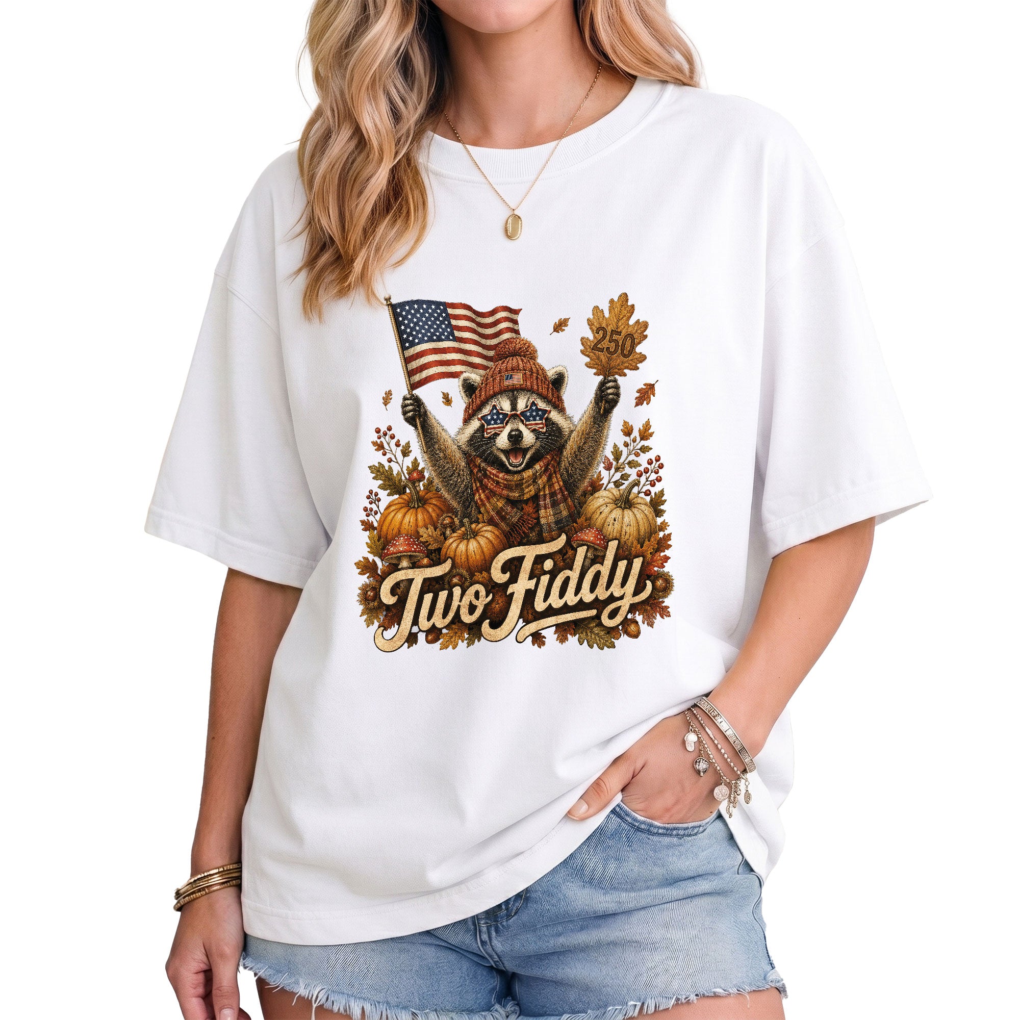 Patriotic Fall Shirt Two Fiddy Retro Raccoon Pumpkin US Flag Autumn Graphic Tee