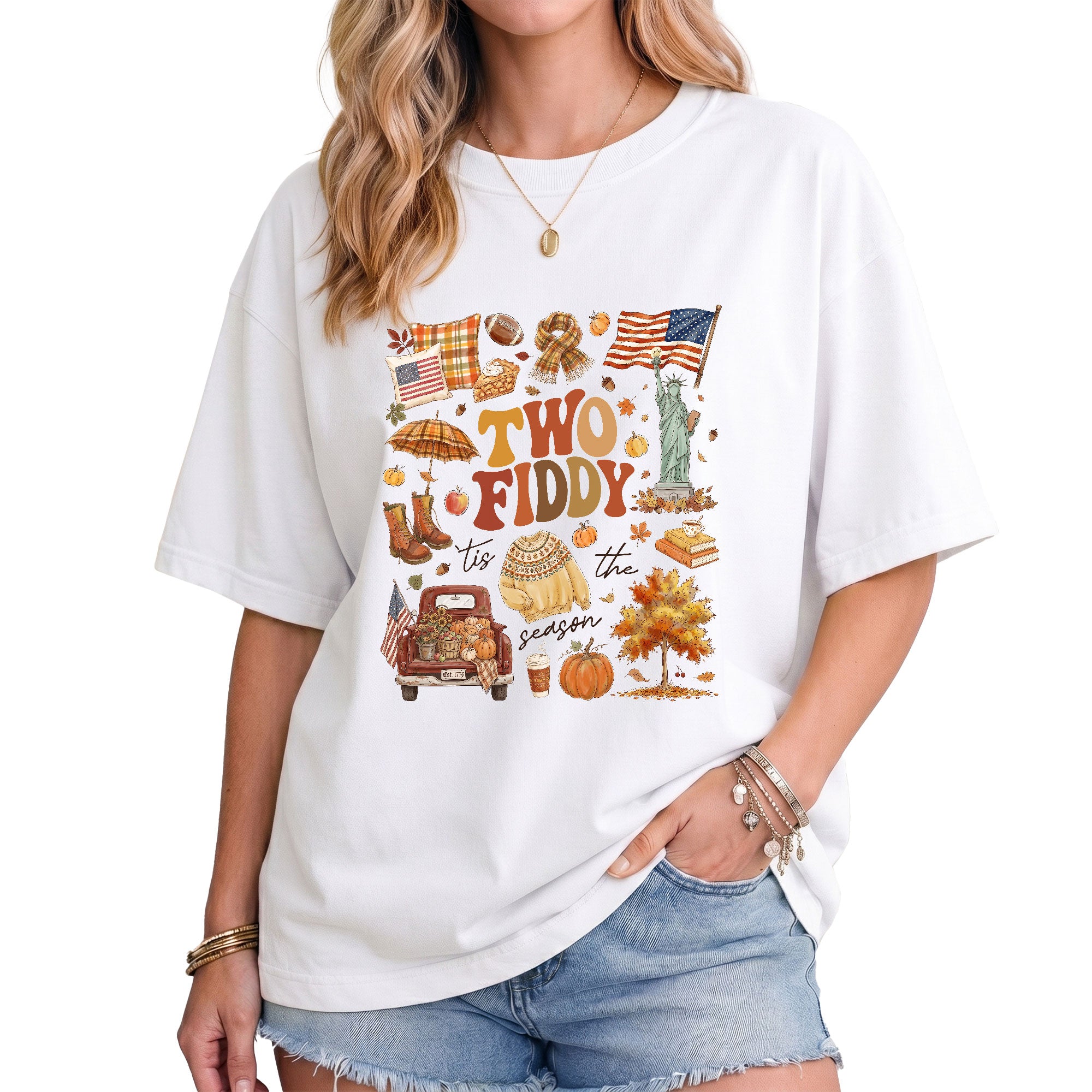 Two Fiddy Tis The Season Shirt Fall Doodle Pumpkin Statue of Liberty US Flag Tee