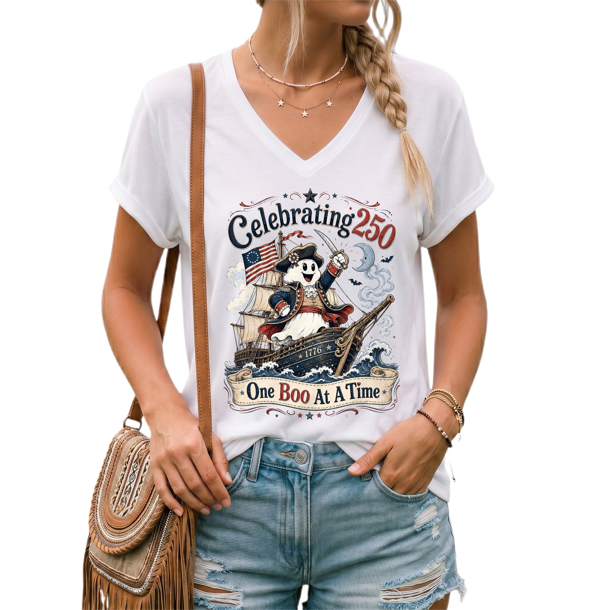 One Boo At A Time Halloween V-Neck Shirt Women Cute Patriotic Pirate Ghost Ship Tee