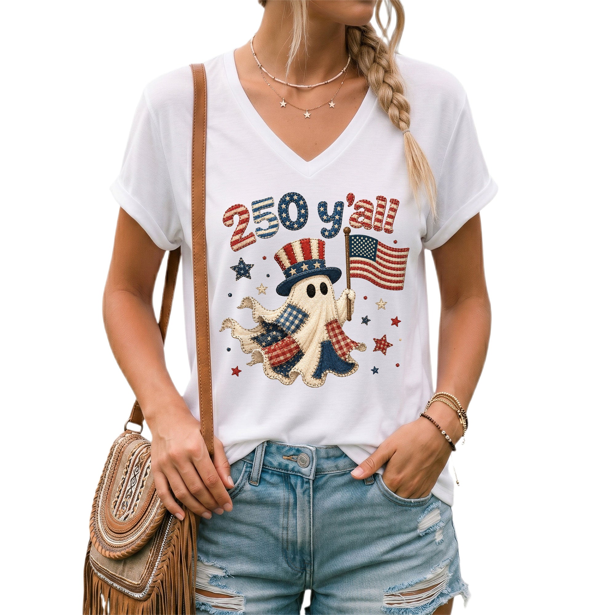Patriotic Ghost Halloween V-Neck Shirt Women Cute Southern Y'all Uncle Sam Hat Tee