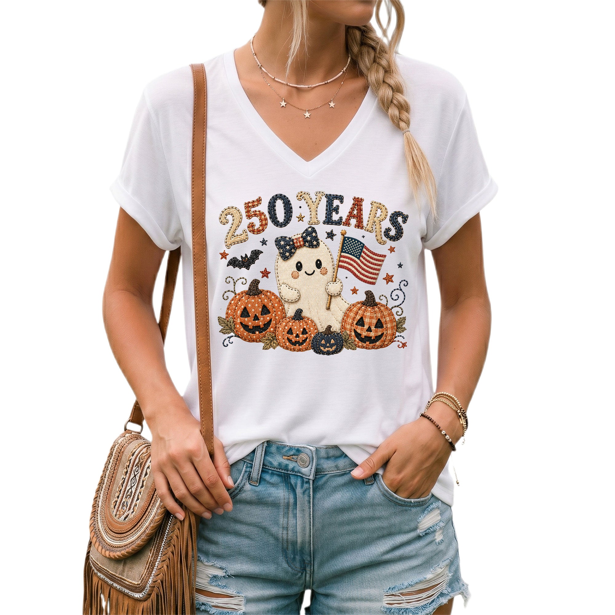 Cute Patriotic Ghost Halloween V-Neck Shirt Women Spooky Pumpkin Flag Graphic Tee