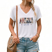America Est. 1776 V-Neck Graphic Tee - Patriotic Women's Casual White Summer Shirt