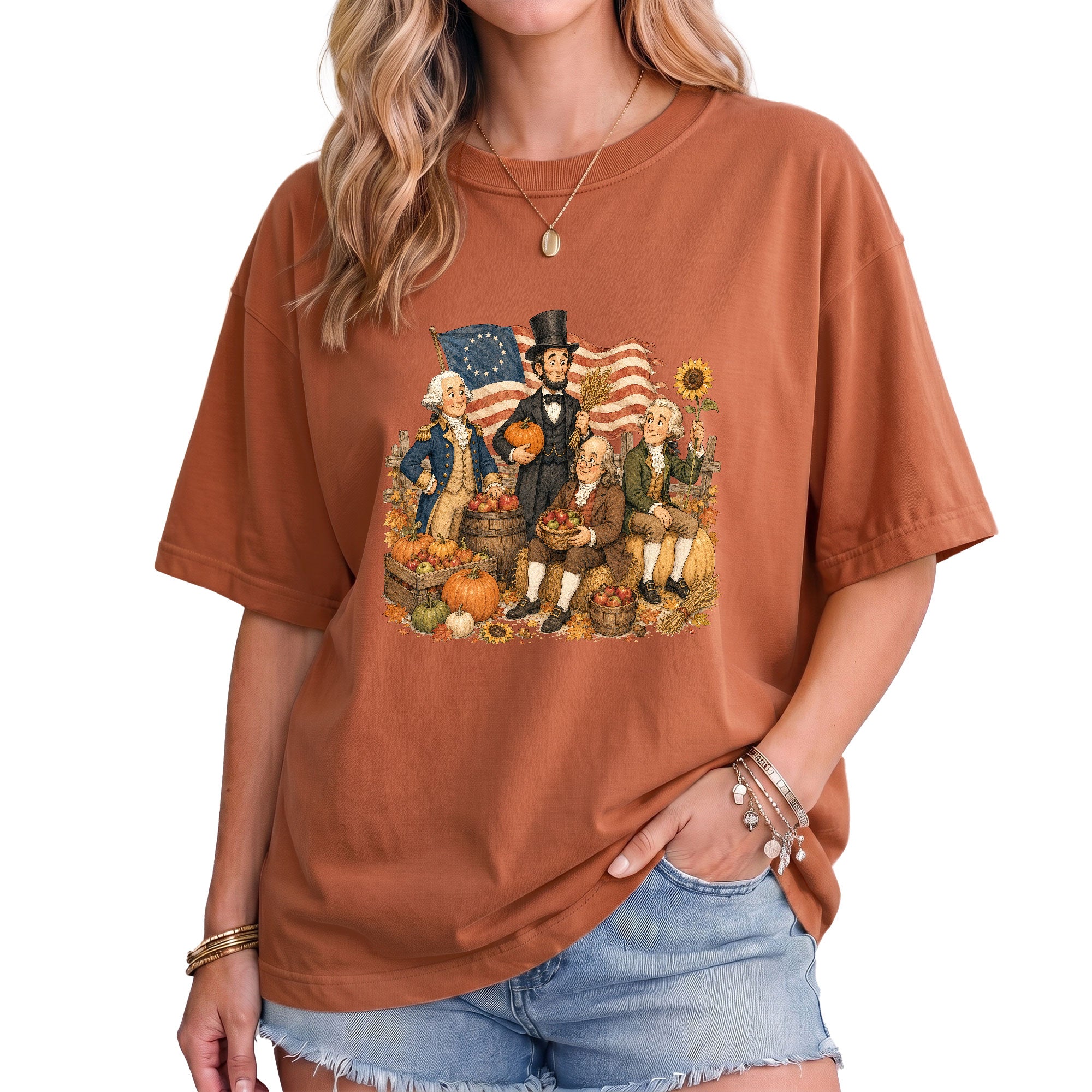 Historical Figures Fall T-Shirt Patriotic Autumn Graphic Tee for Thanksgiving Lovers