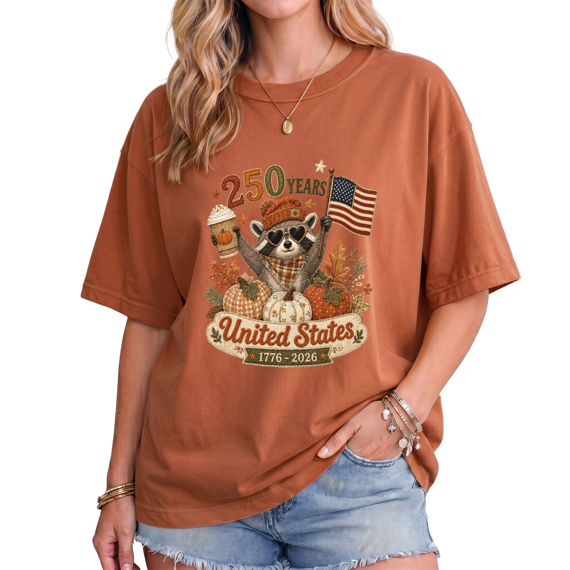 1776-2026 United States Fall Graphic Tee: Cute Raccoon Autumn Pumpkin Spice T-Shirt