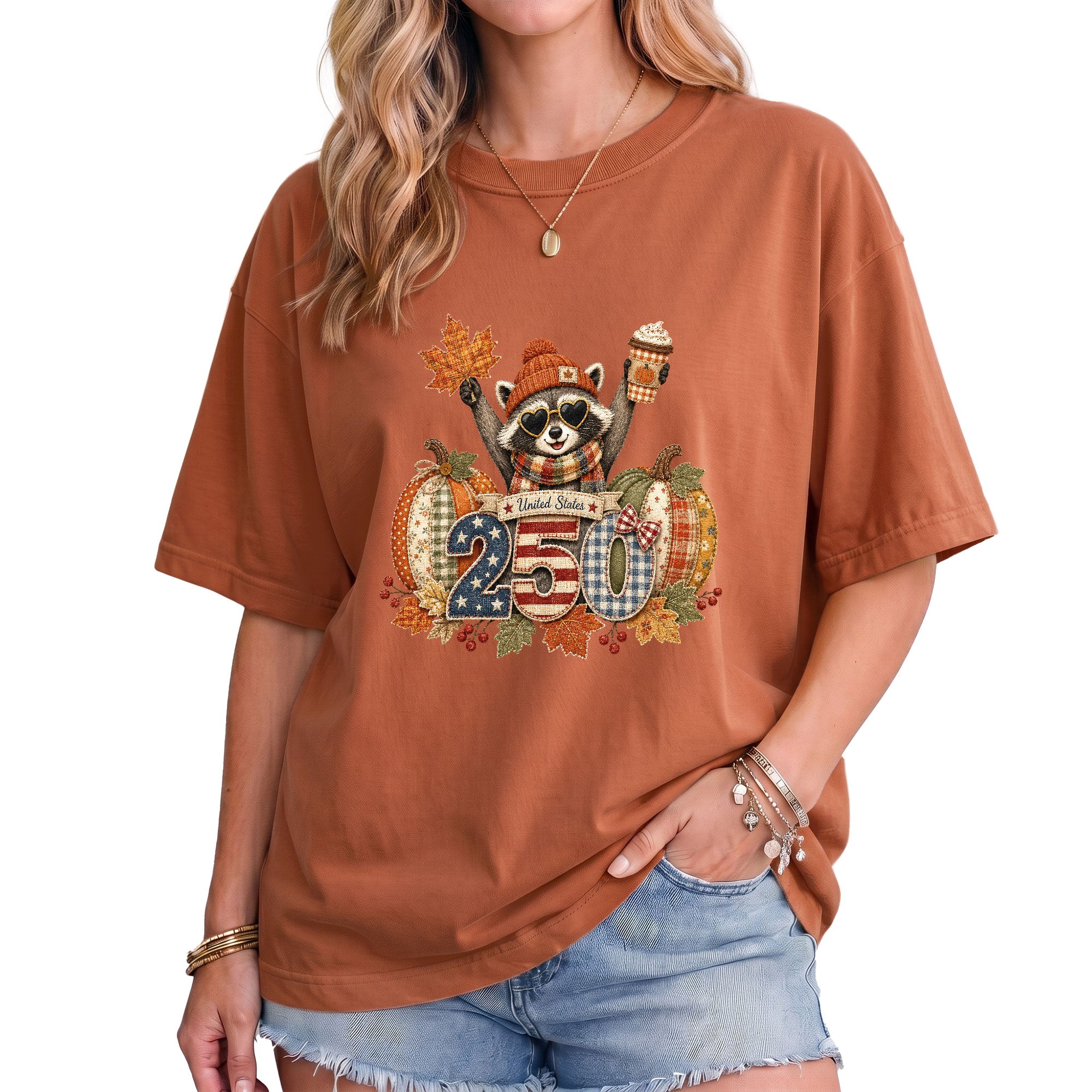 Cute Raccoon 250 Years United States Shirt: Cozy Autumn Pumpkin Seasonal Graphic Tee
