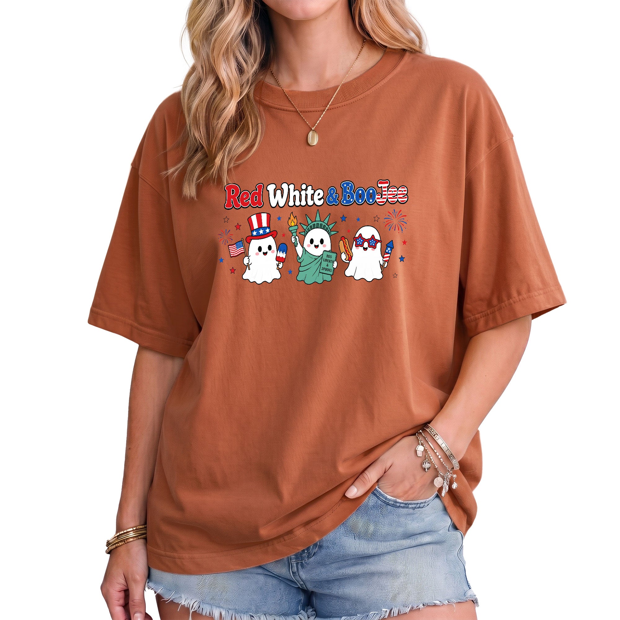 Unique Red White And BooJee Tee Adorable Patriotic Ghost Cartoon Graphic Shirt