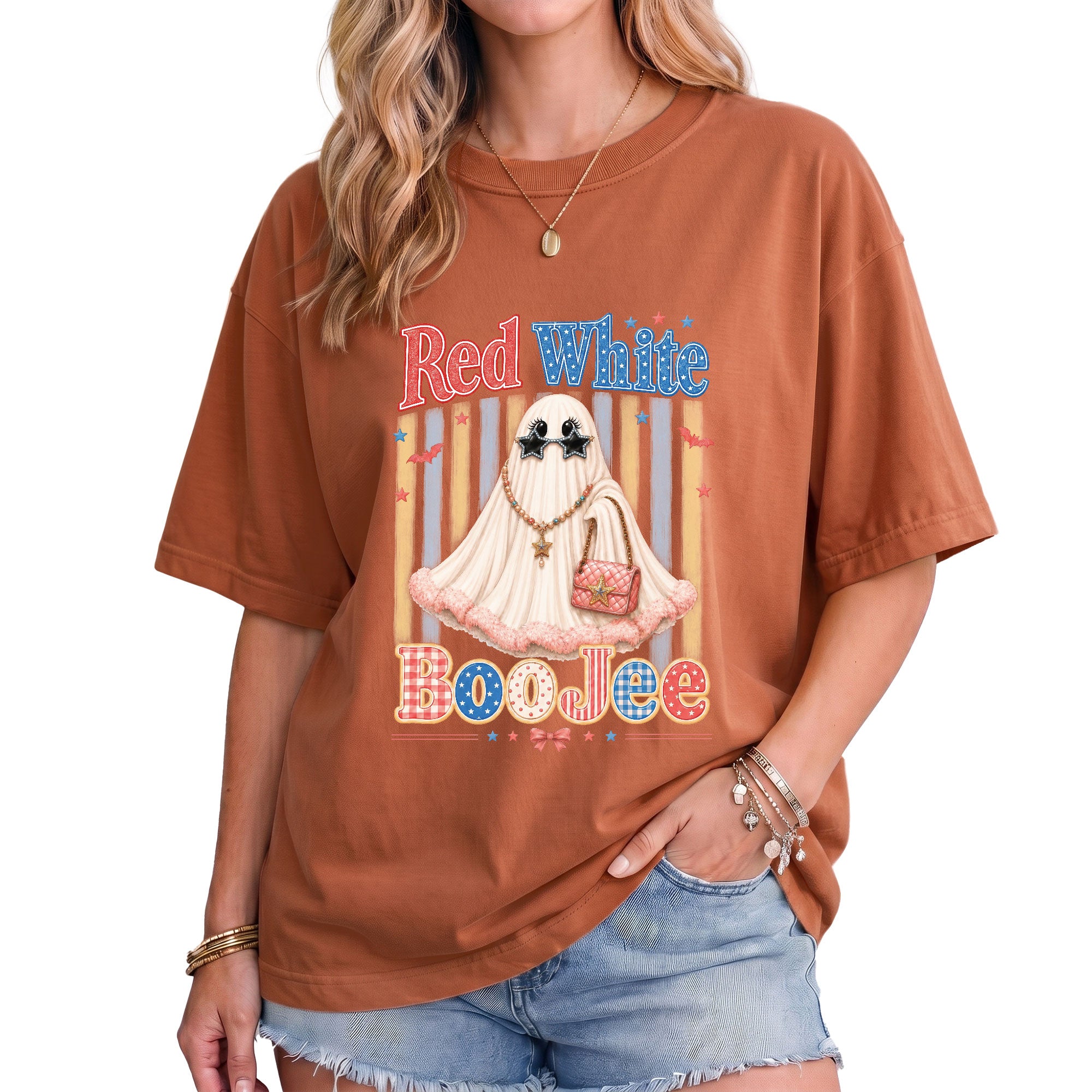 Red White BooJee Ghost Graphic T Shirt Trendy Patriotic Apparel For Unisex Wear