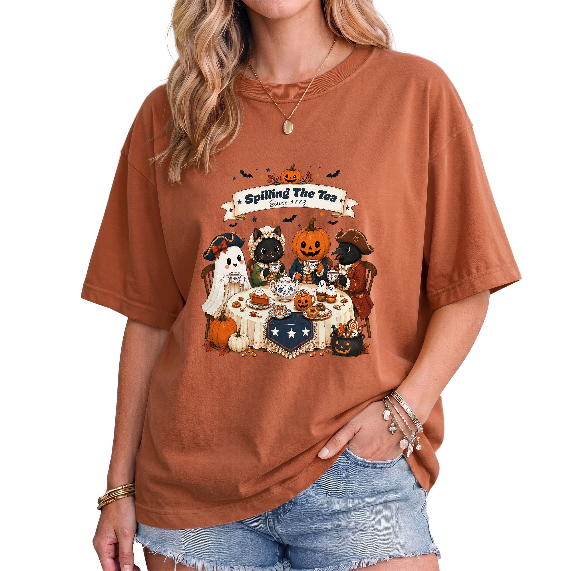 Spilling The Tea Since 1773 Tee Cute Aesthetic Halloween Ghost Cat Pumpkin Fall Shirt