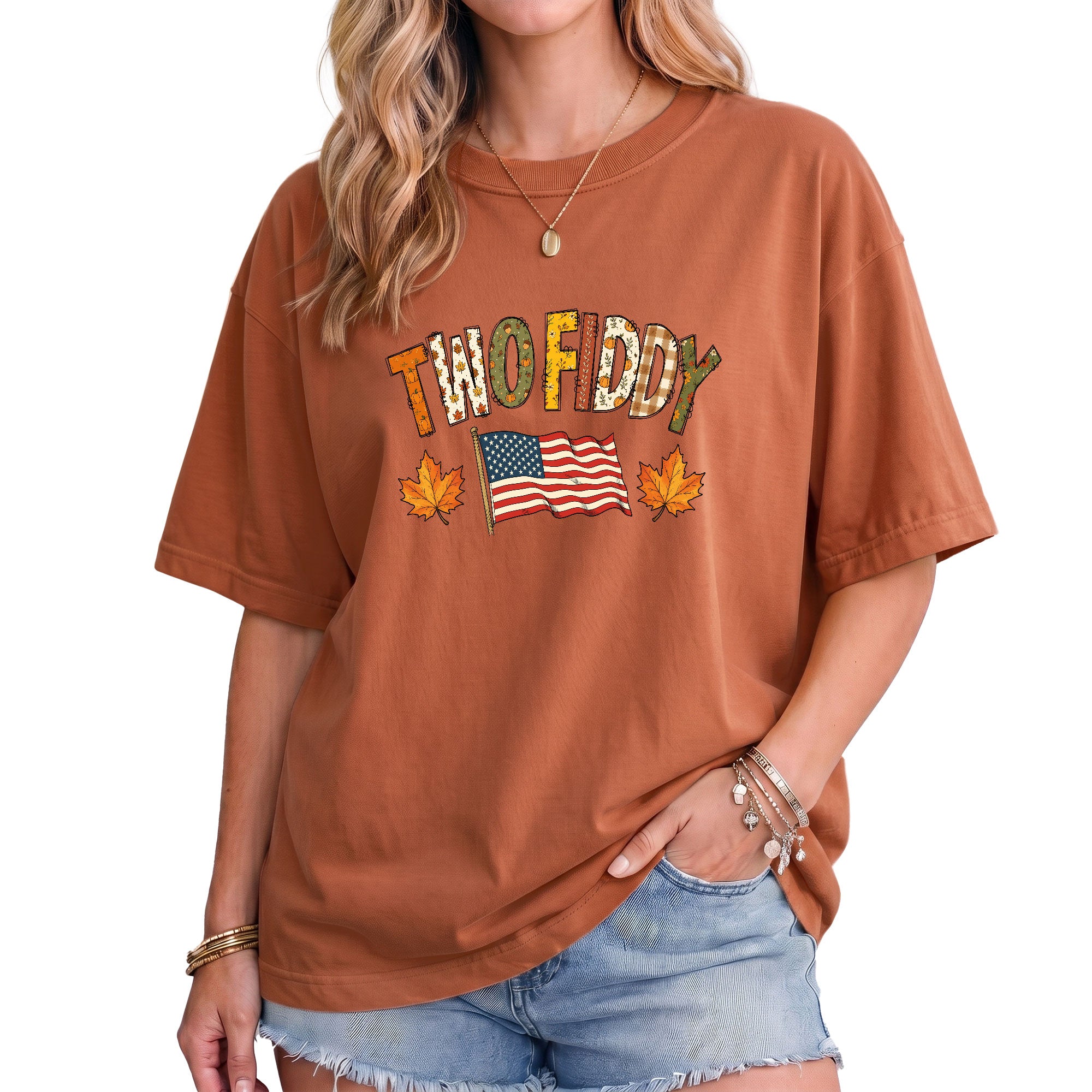 Two Fiddy Shirt Fall Vibes US Flag Maple Leaf Autumn Patriotic Graphic Tee