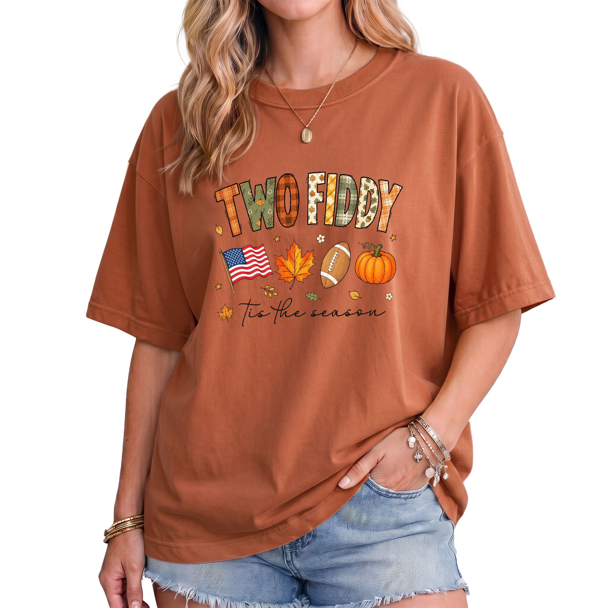 Two Fiddy Tis The Season Shirt Football Pumpkin Fall US Flag Patriotic Tee
