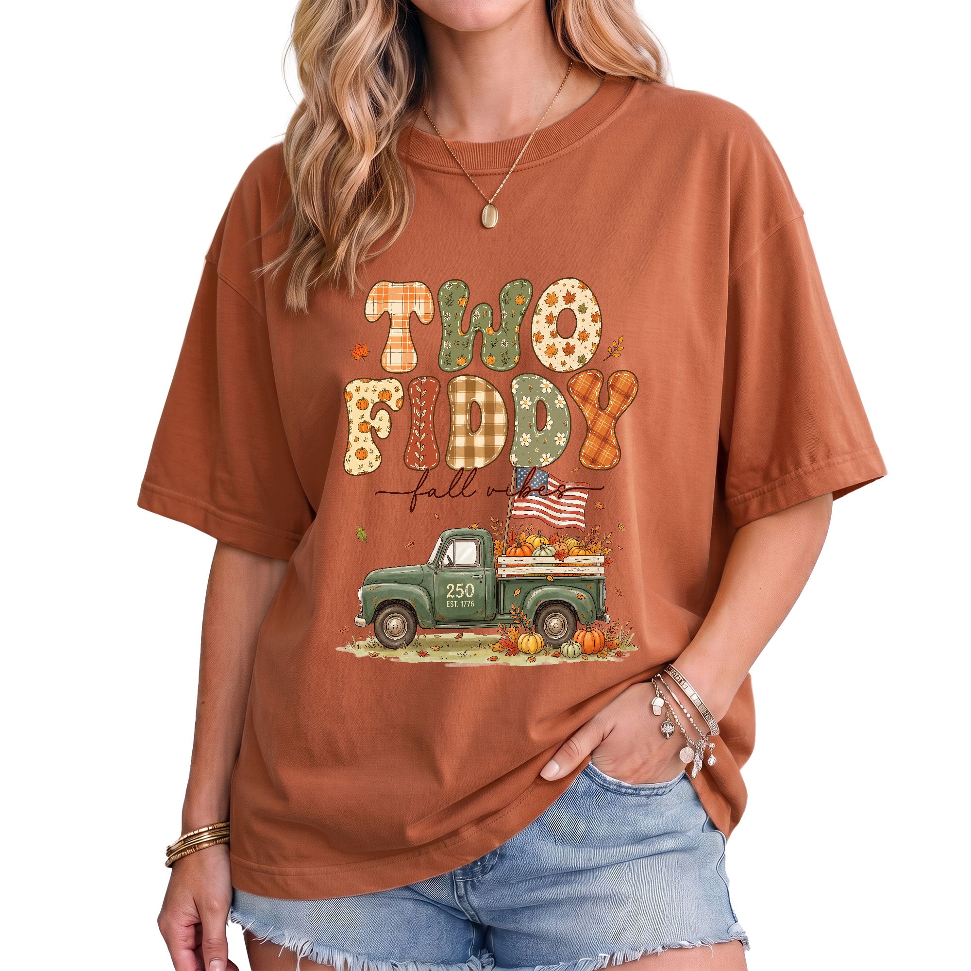 Two Fiddy Fall Vibes Shirt Vintage Pumpkin Truck US Flag Autumn Graphic Tee