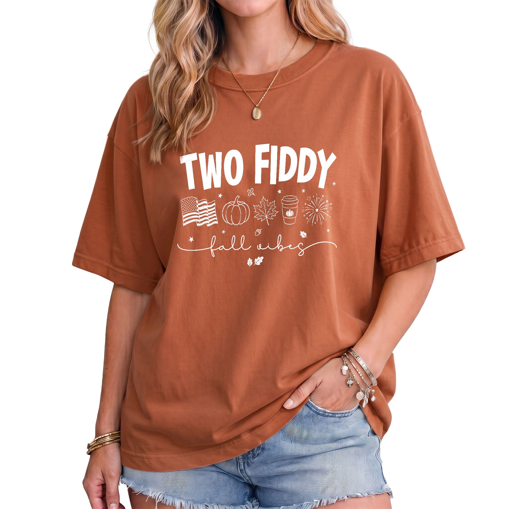 Two Fiddy Fall Shirt Pumpkin Spice Coffee US Flag Fireworks Autumn Graphic
