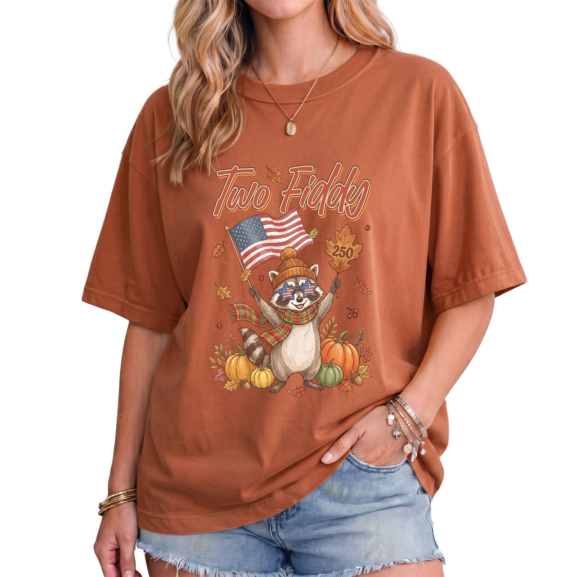 Two Fiddy Fall Vibes Shirt Cute Raccoon Pumpkin US Flag Autumn Graphic Tee
