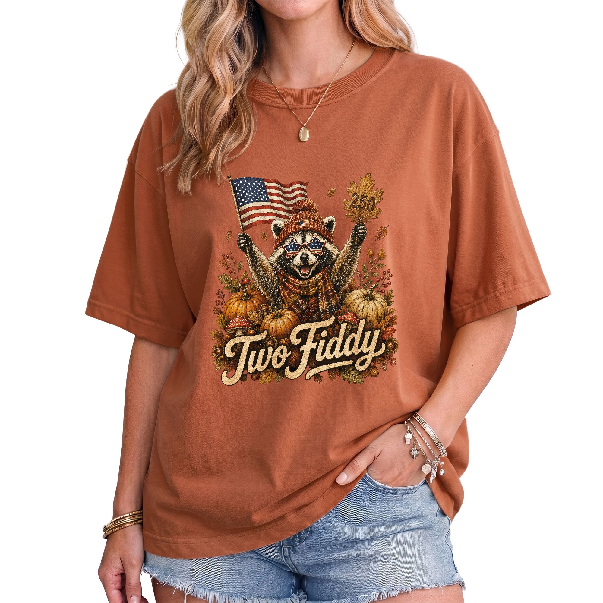 Patriotic Fall Shirt Two Fiddy Retro Raccoon Pumpkin US Flag Autumn Graphic Tee