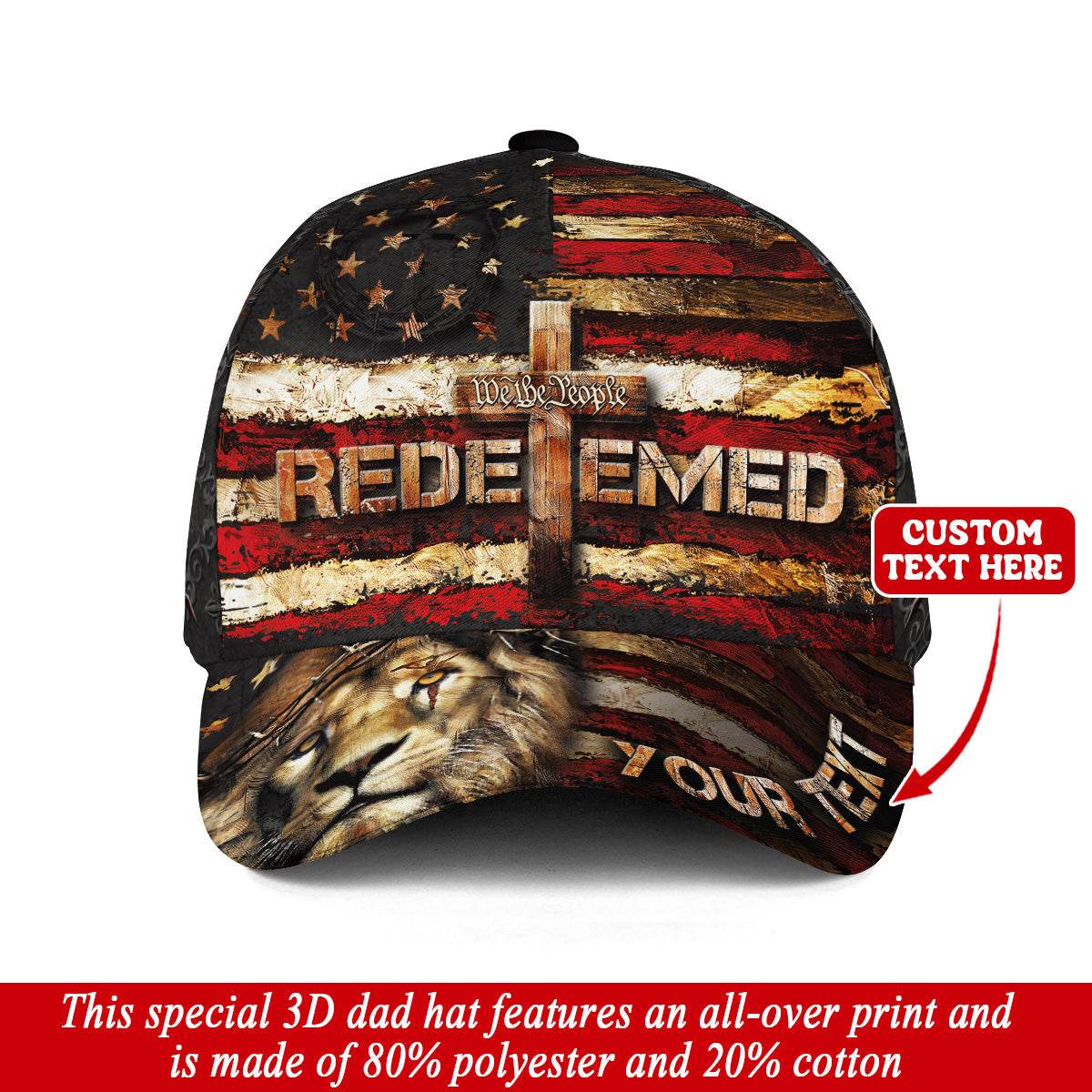 REDEEMED Custom American Flag Christian Cap – Lion of Judah & Cross Design - Rust Field Wear