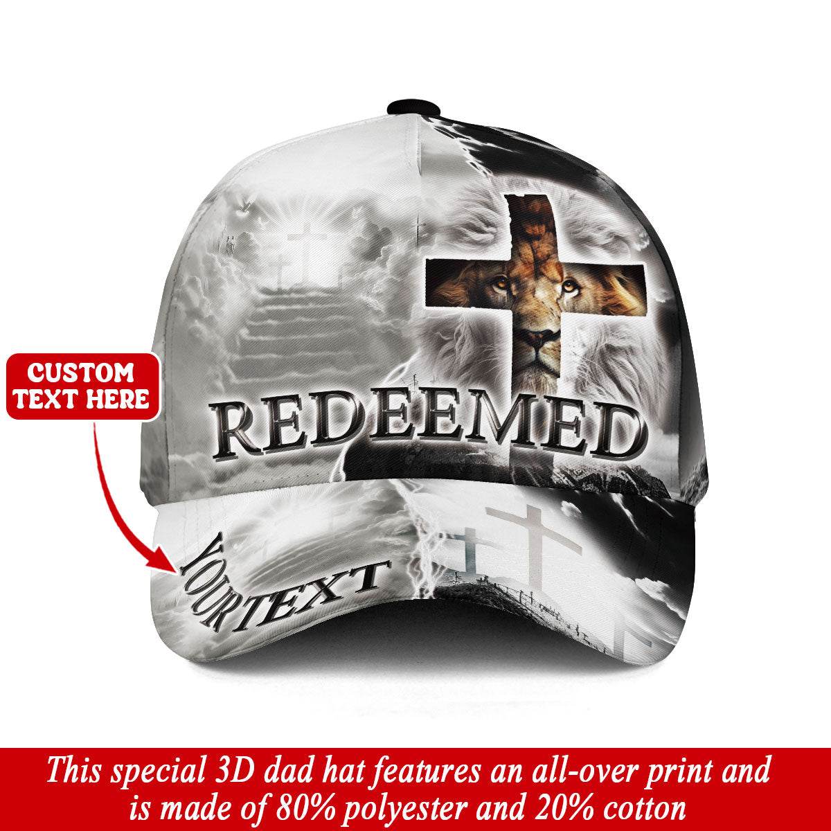 REDEEMED Custom White Cross & Lion Cap – Heaven’s Pathway Christian Hat - Rust Field Wear