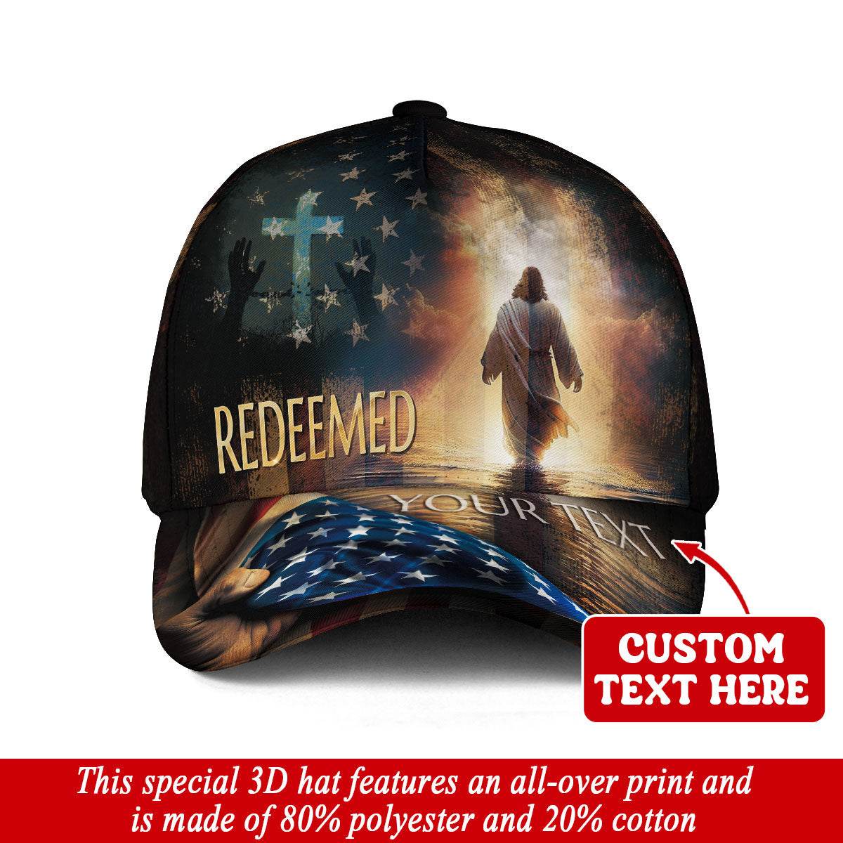 Redeemed in His Light – Christian Jesus Cross Custom Cap with American Flag - Rust Field Wear