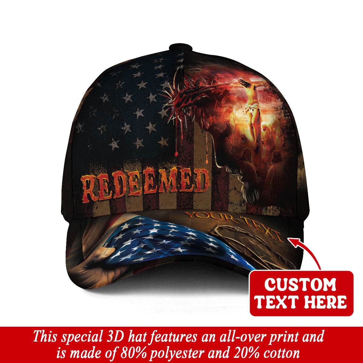 Redeemed by the Blood – Christian Flag Custom Cap with Cross & Christ Silhouette - Rust Field Wear
