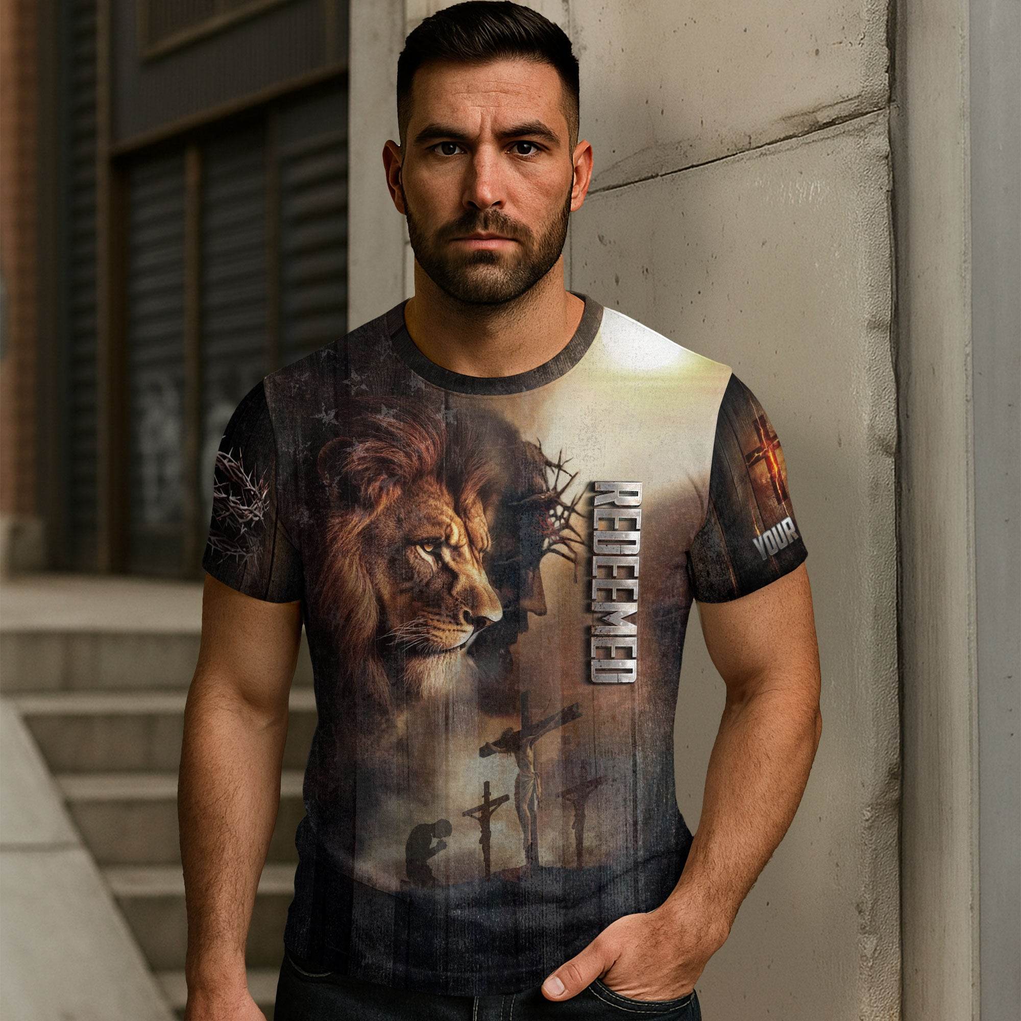 REDEEMED – Custom Lion of Judah & Crucifixion Christian T-Shirt - Rust Field Wear