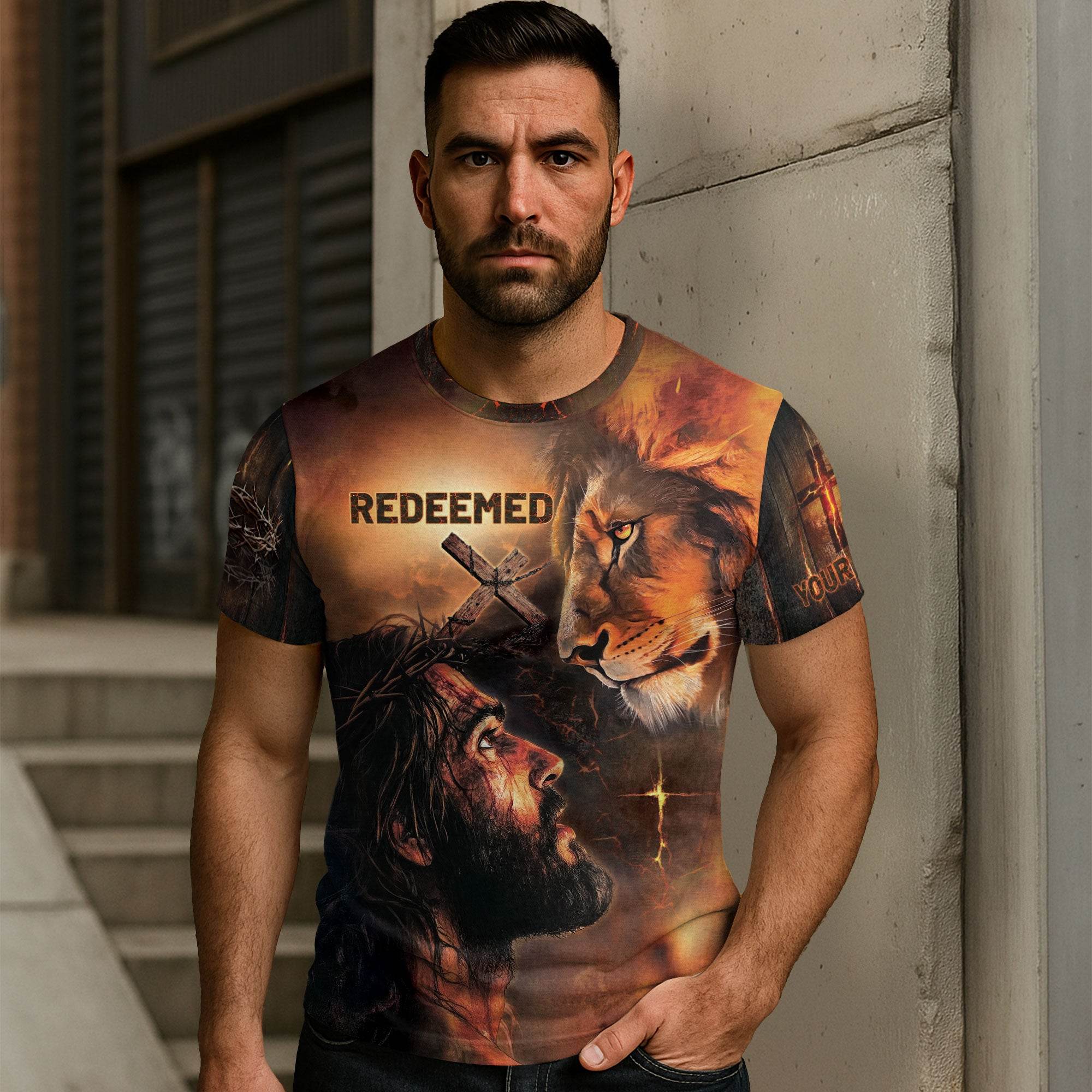 REDEEMED – Custom Jesus and Lion of Judah Christian T-Shirt - Rust Field Wear