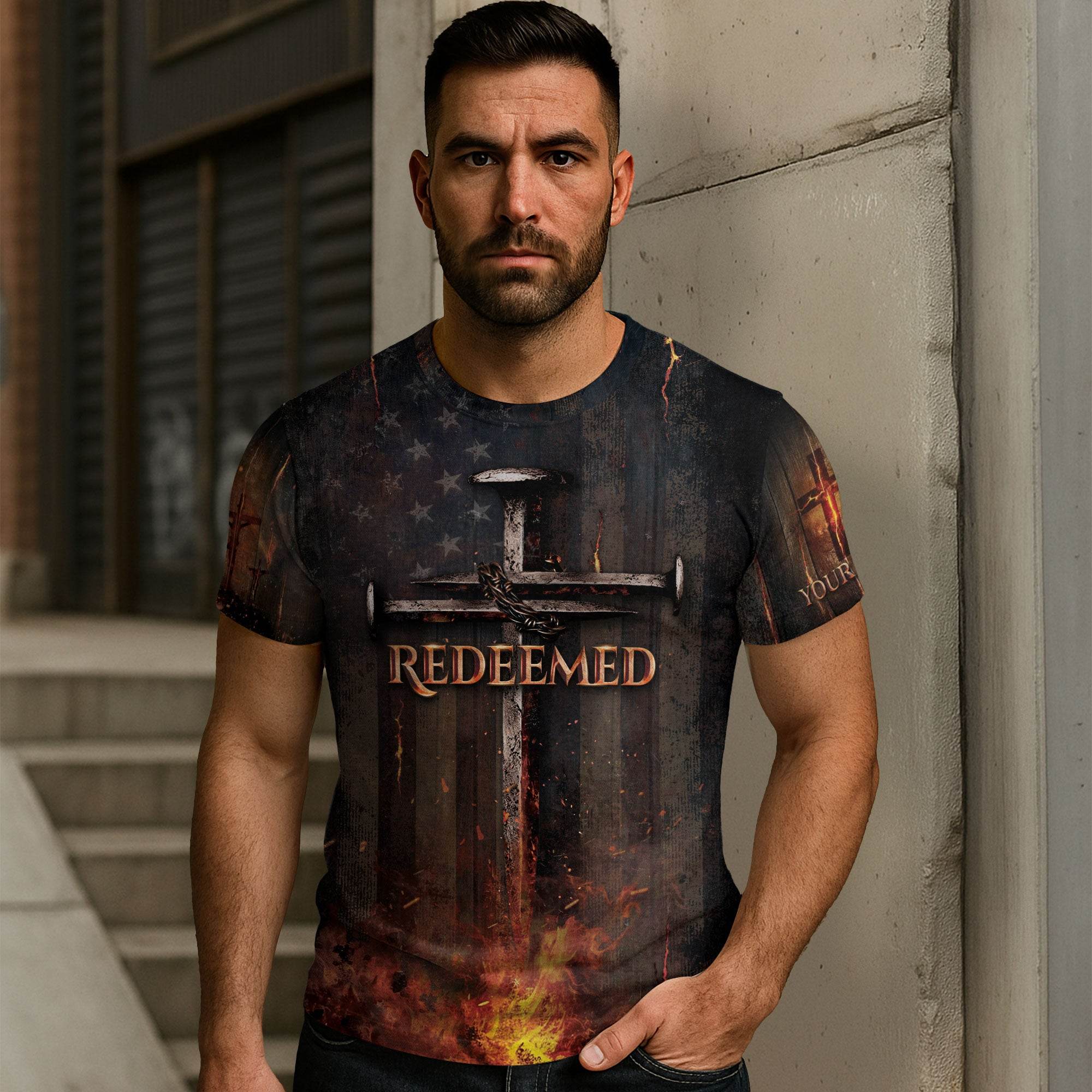REDEEMED – Custom Rugged Cross Christian T-Shirt - Rust Field Wear