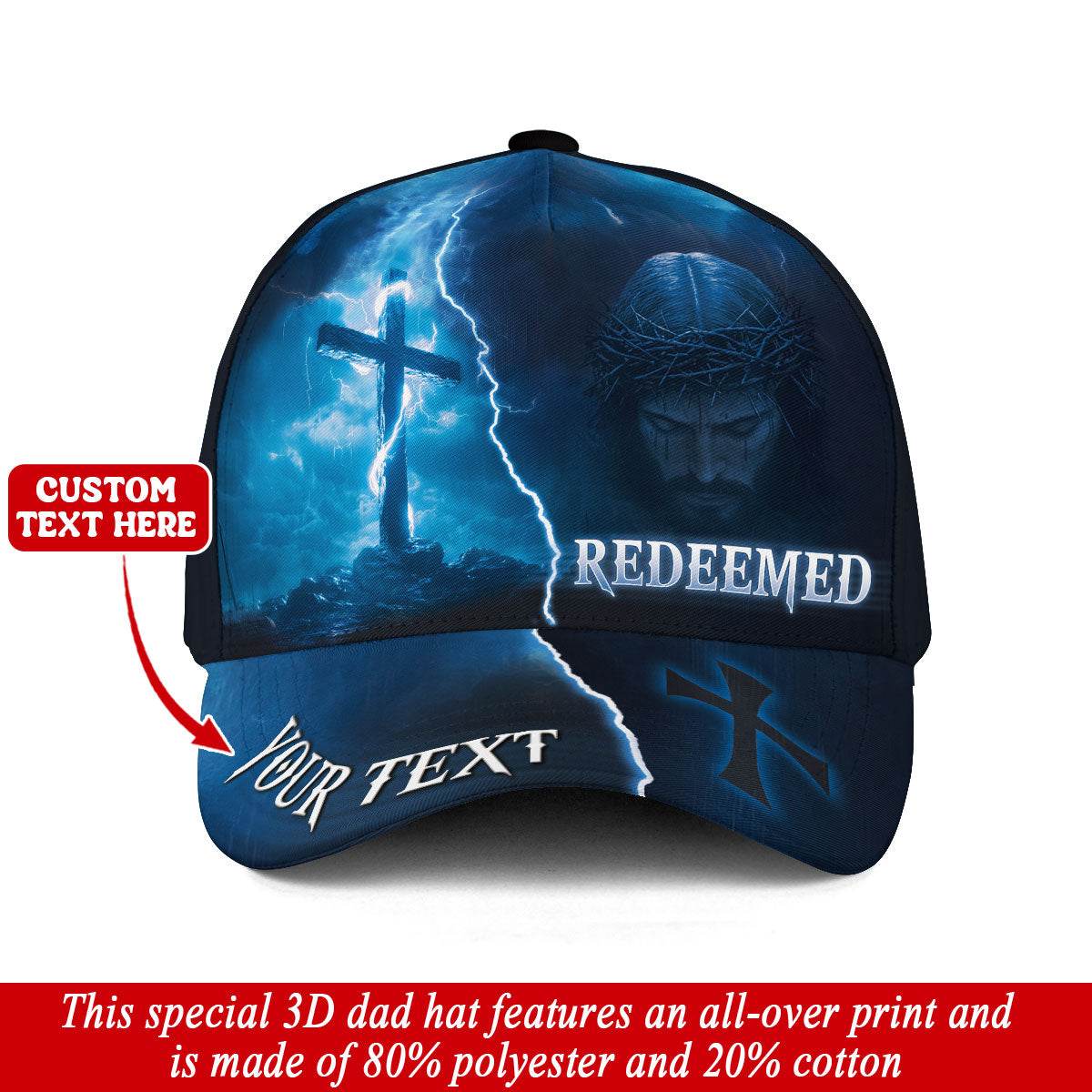 REDEEMED Cross & Christ Cap – Stormy Blue Christian Hat with Custom Text - Rust Field Wear
