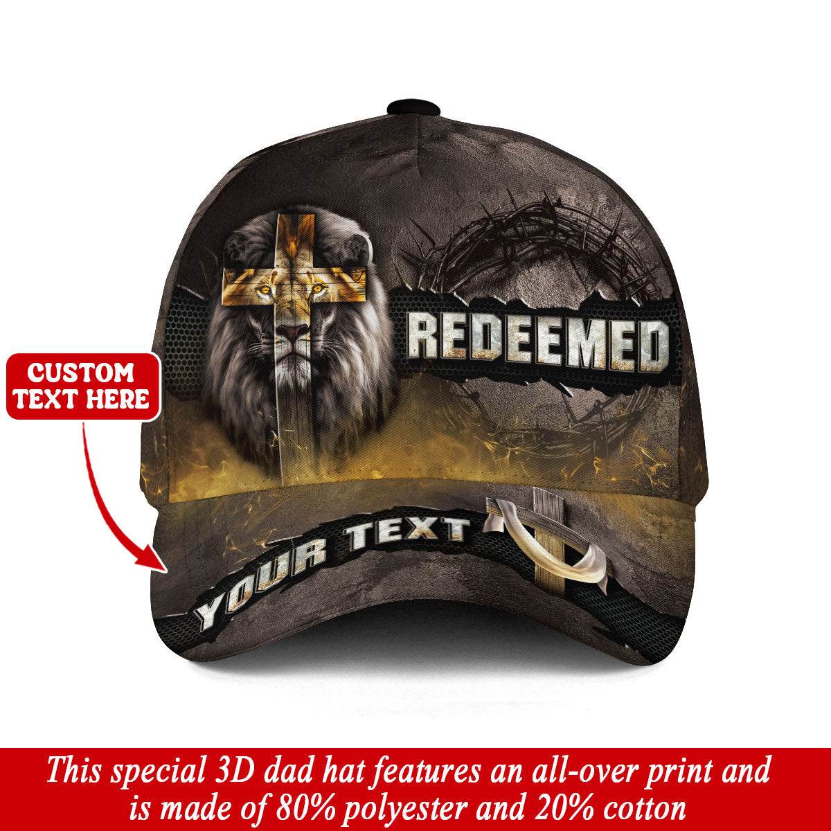 REDEEMED – Golden Cross & Lion of Judah Christian Customized Hat - Rust Field Wear