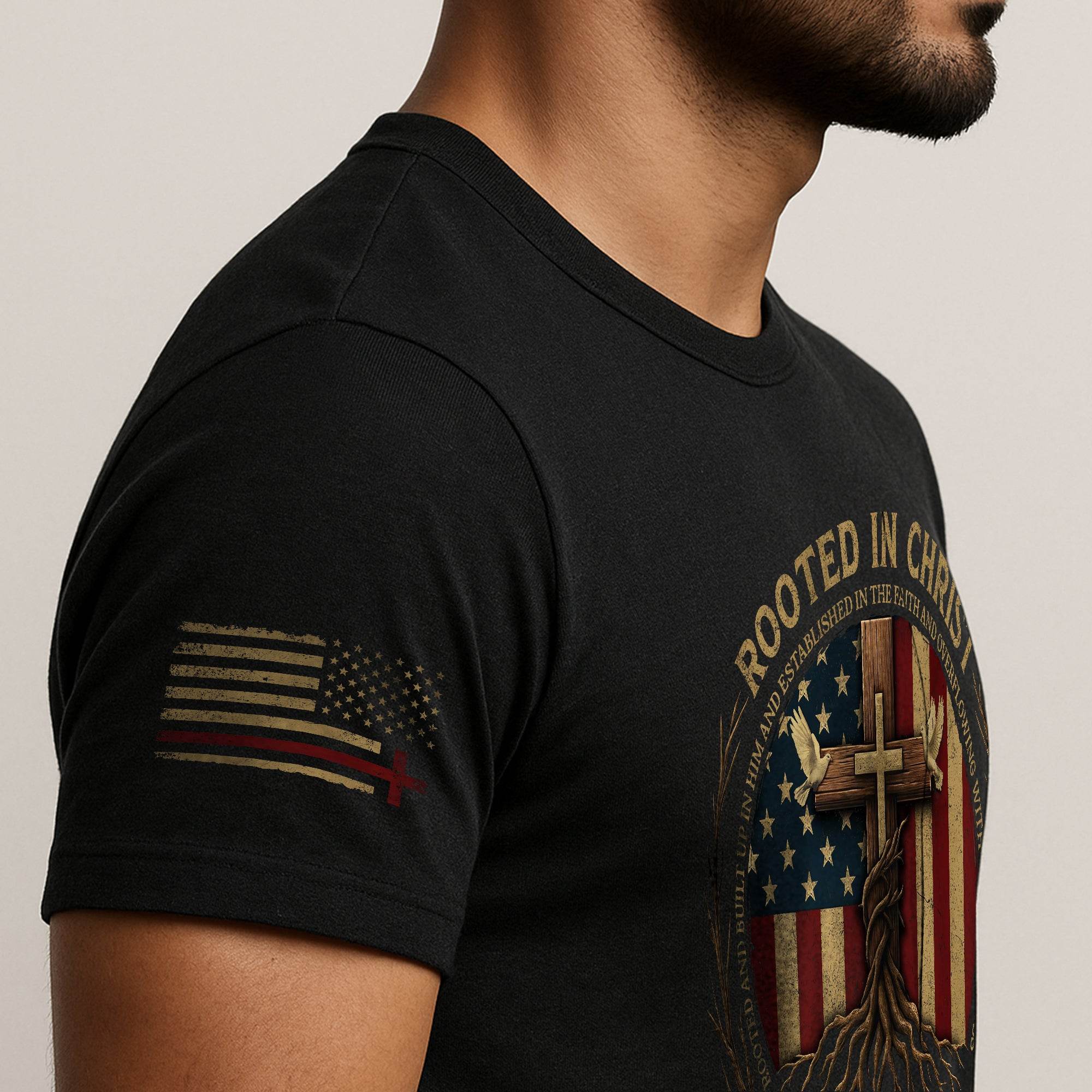 Rooted in Christ – Colossians 2:7 American Flag Faith T-shirt - Rust Field Wear