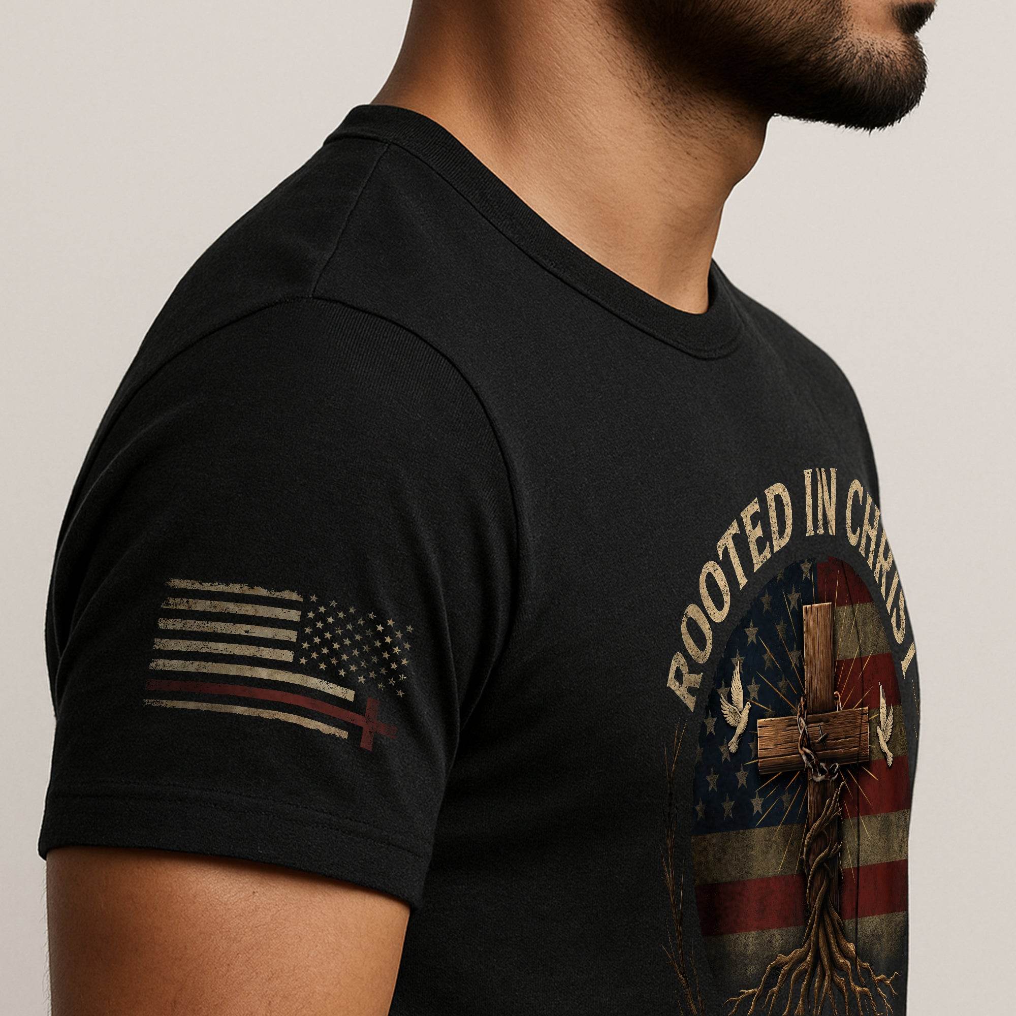 Rooted In Christ – Colossians 2:7 American Faith T-shirt - Rust Field Wear