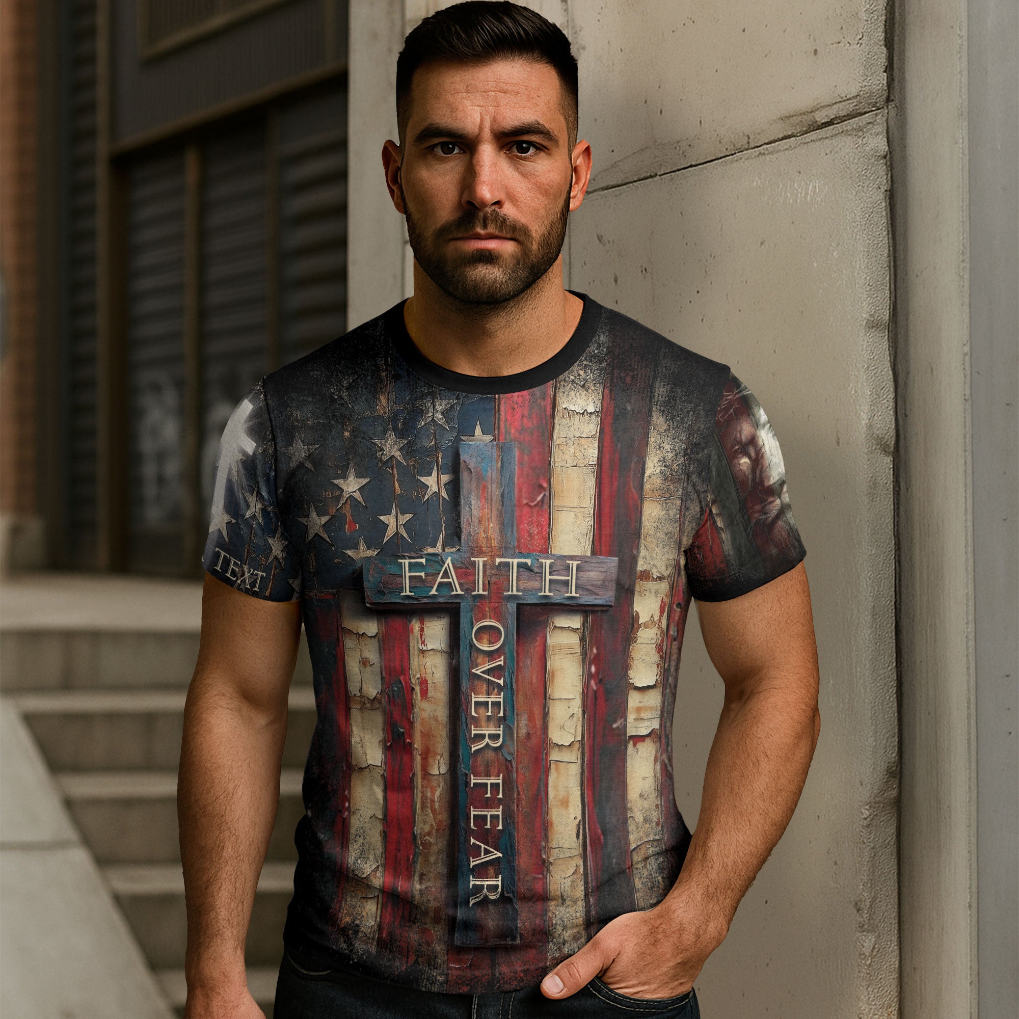 Custom Faith Over Fear Cross Shirt – Rustic American Flag Christian Tee