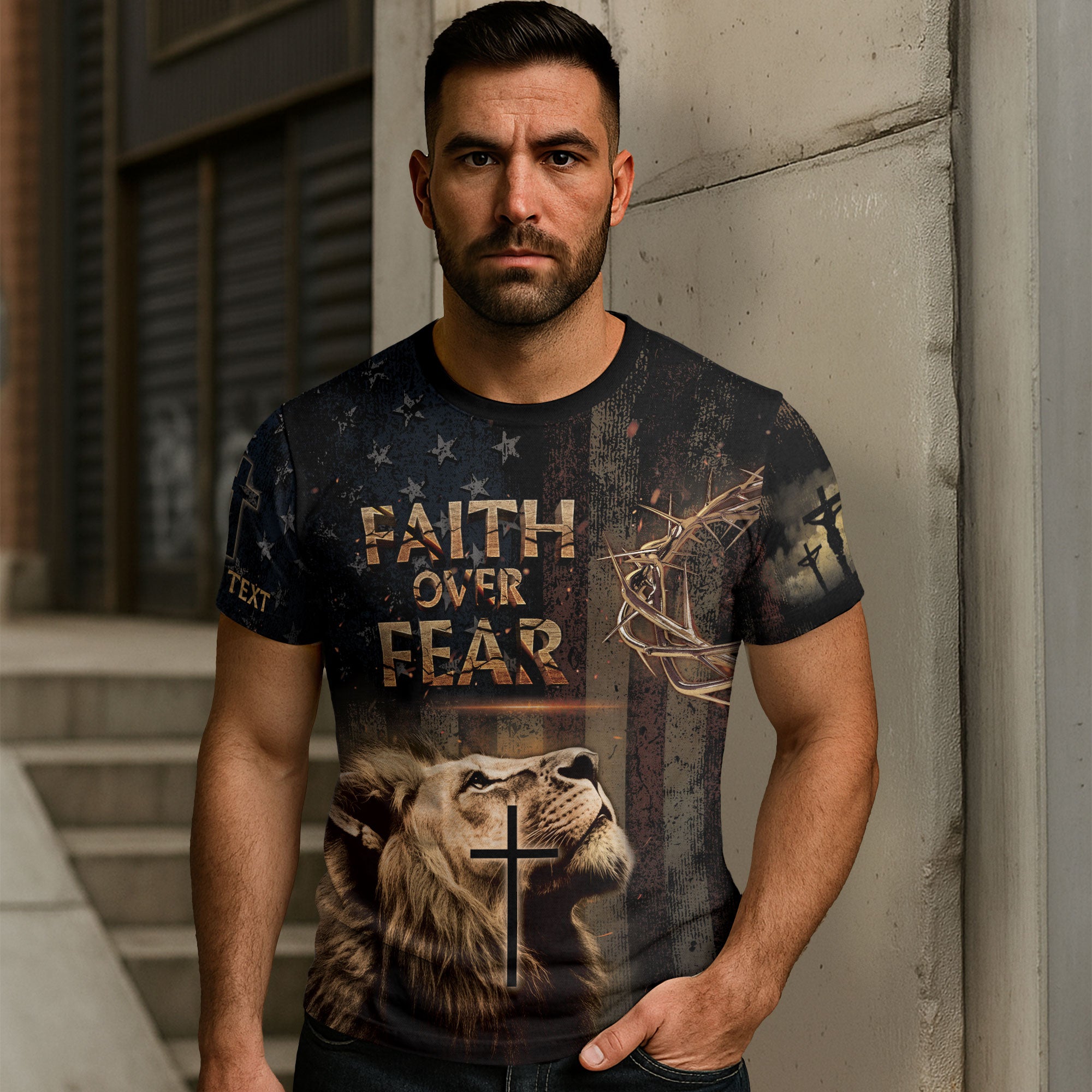 Custom Faith Over Fear T-Shirt – Lion, Cross & Crown of Thorns Christian Tee