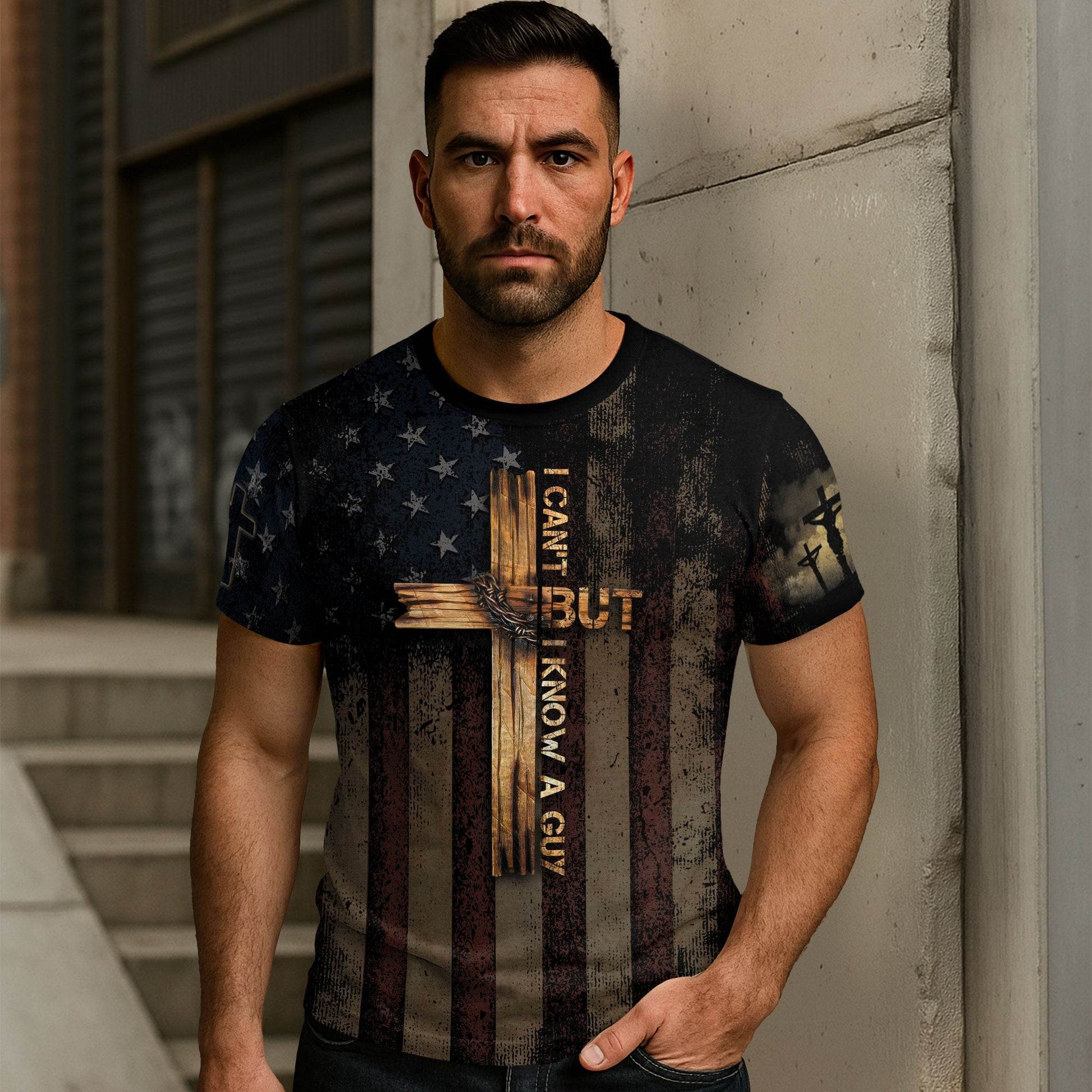 I Can’t But I Know A Guy – Cross & Flag Faith Warrior T-shirt - Rust Field Wear